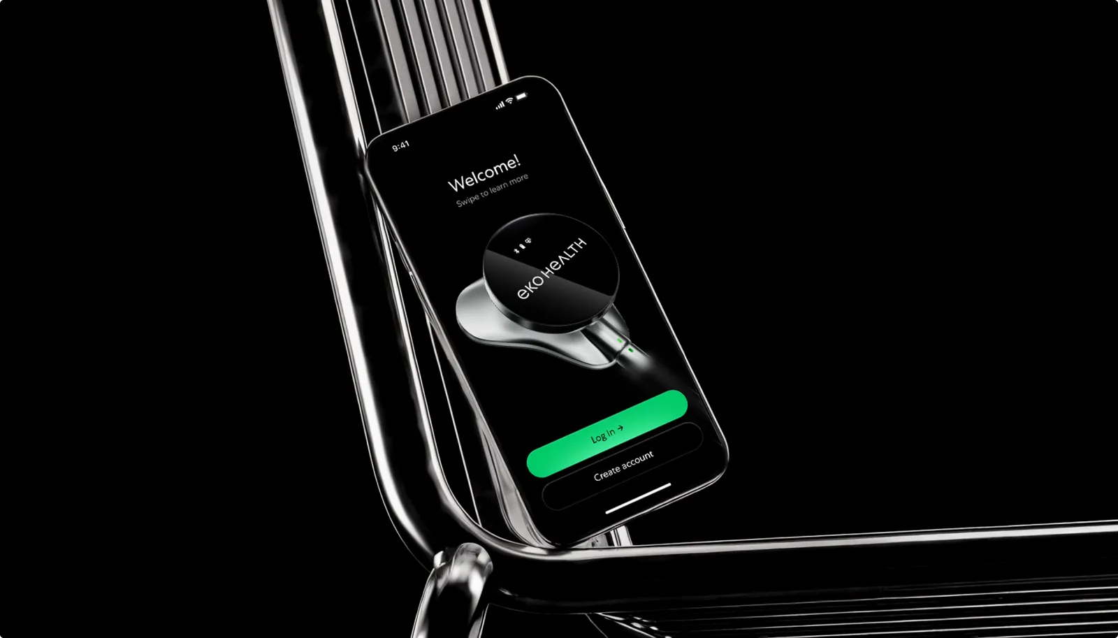 iPhone showing the Eko HEALTH app Welcome onboarding screen with a stethoscope head and green Log in button, resting on a chrome chair, black background