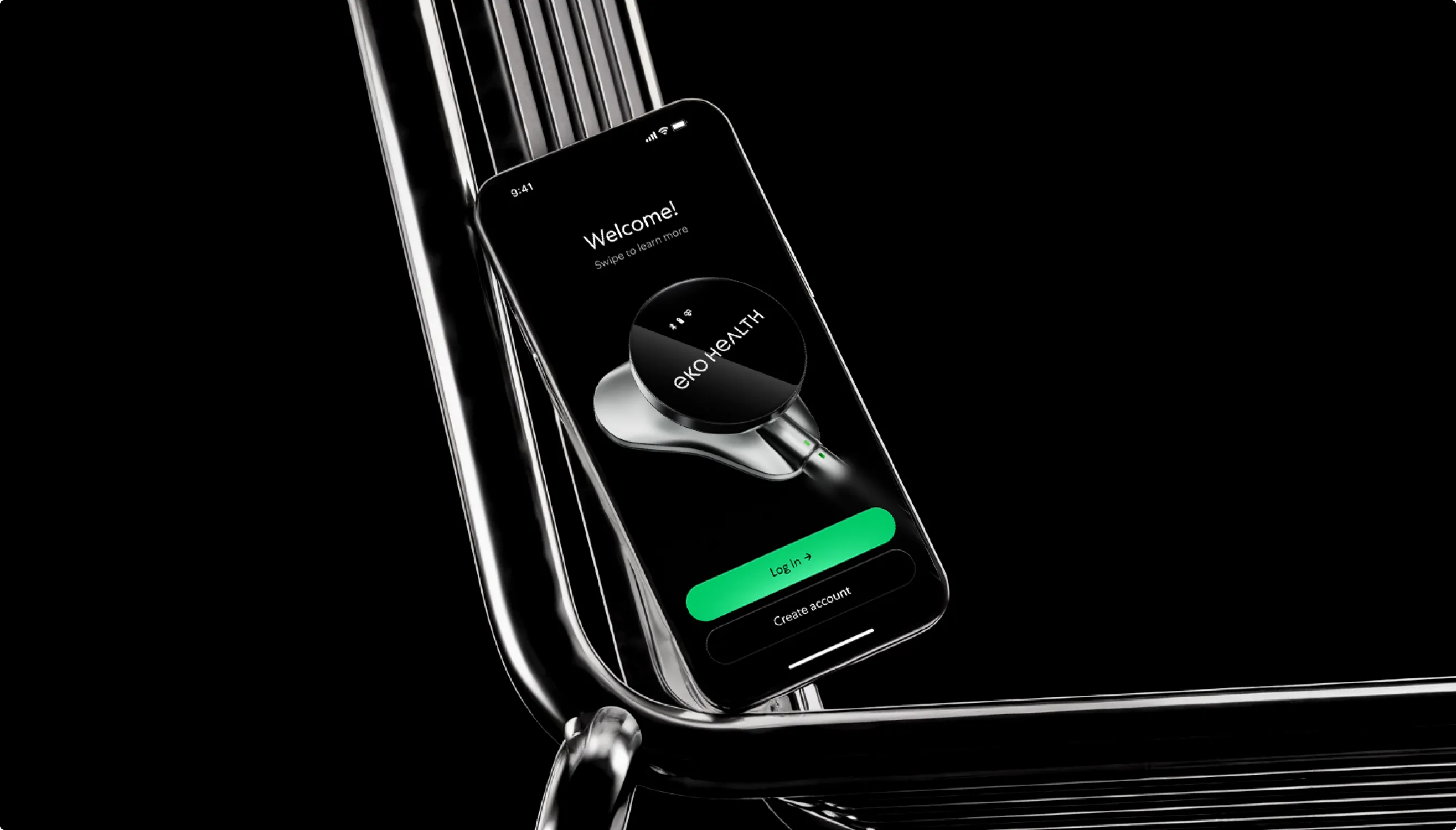iPhone showing the Eko HEALTH app Welcome onboarding screen with a stethoscope head and green Log in button, resting on a chrome chair, black background