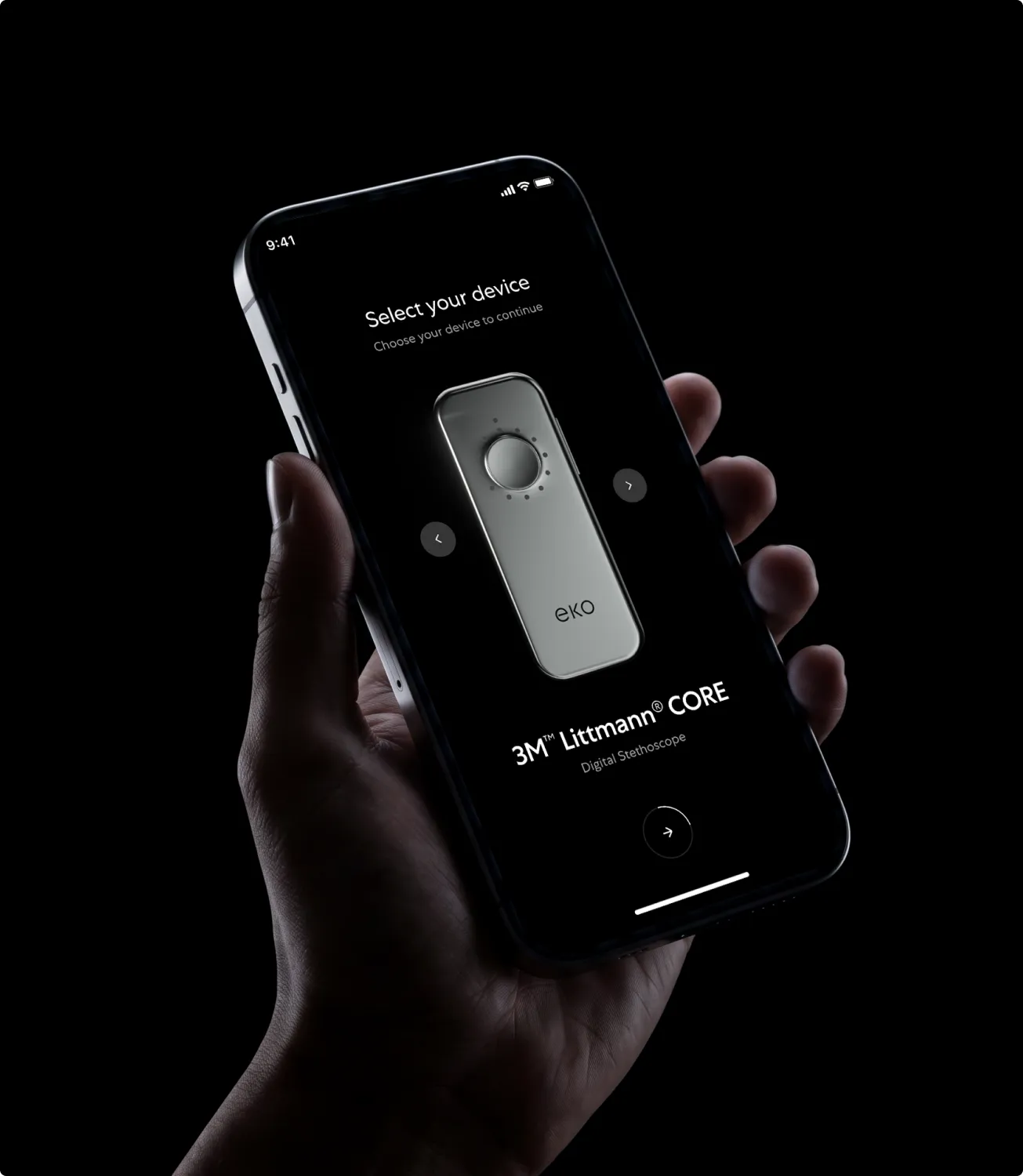Phone in hand showing Select your device — the 3M Littmann CORE stethoscope — on black