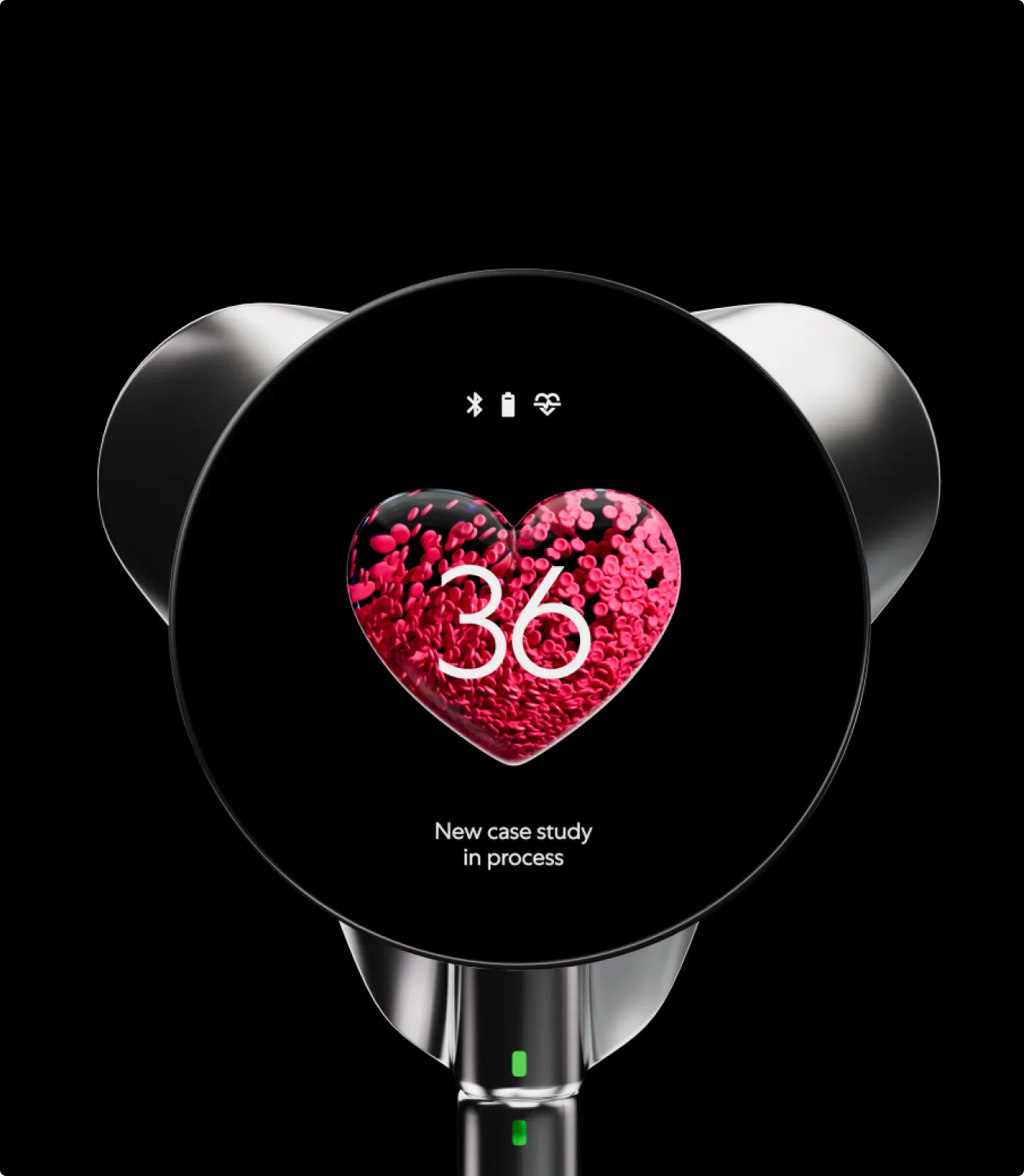 Eko stethoscope chestpiece showing a red heart visualization with 36 and New case study in process, on black
