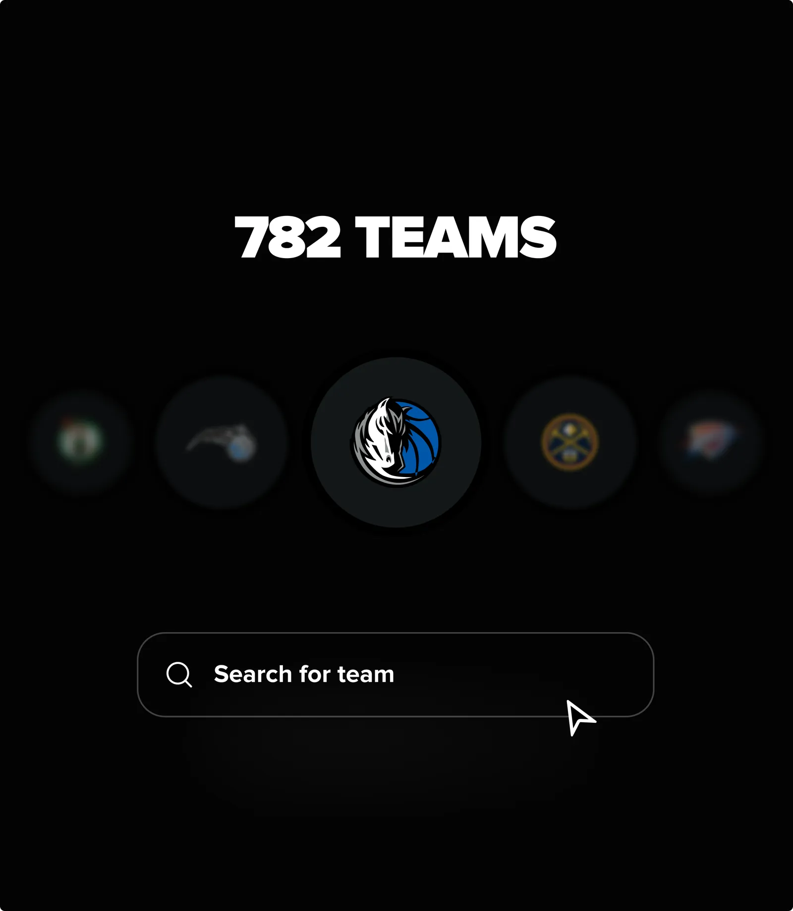 Team picker on a black screen reading “782 teams”, with club badges and a search field