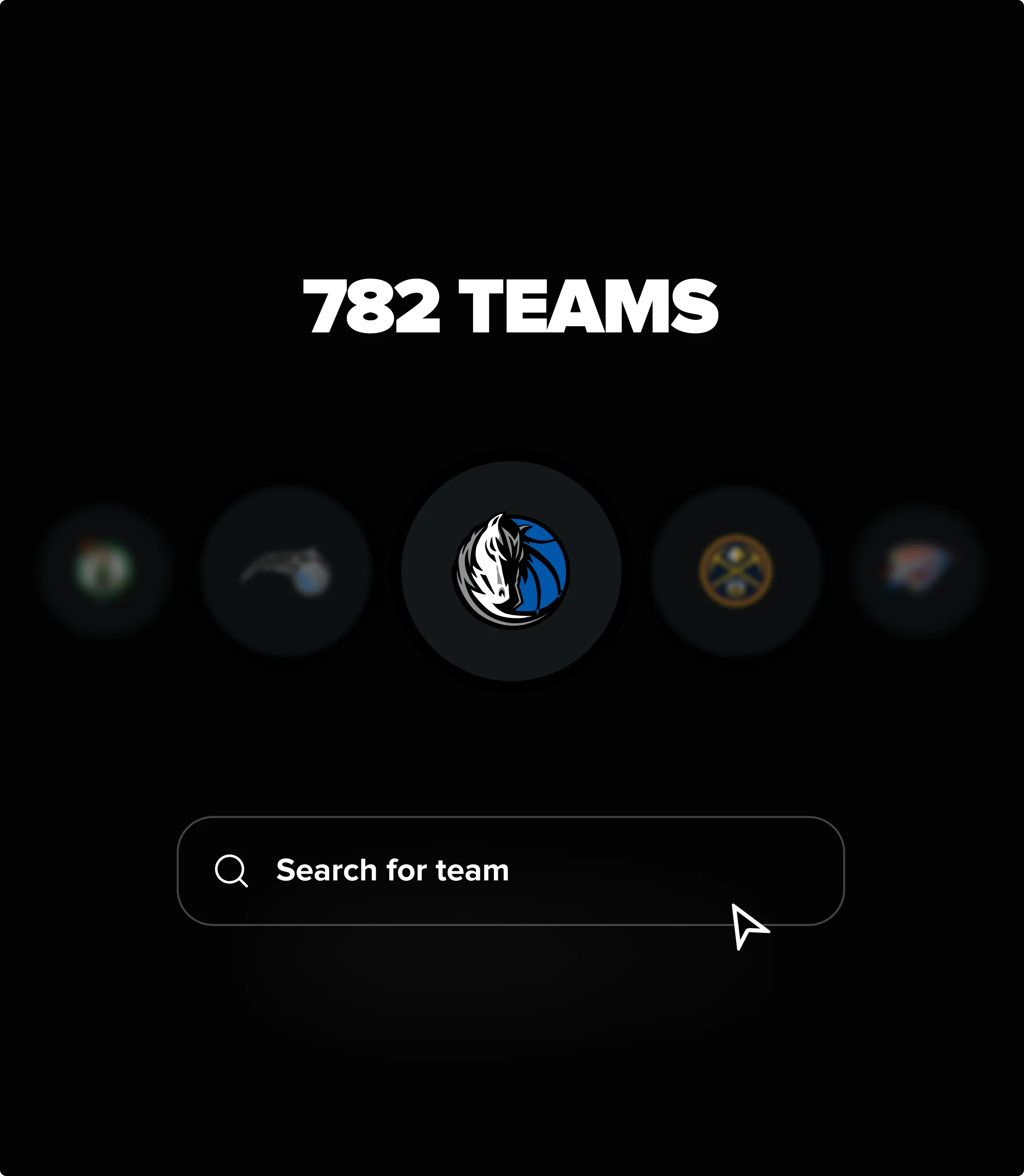 Team picker on a black screen reading “782 teams”, with club badges and a search field