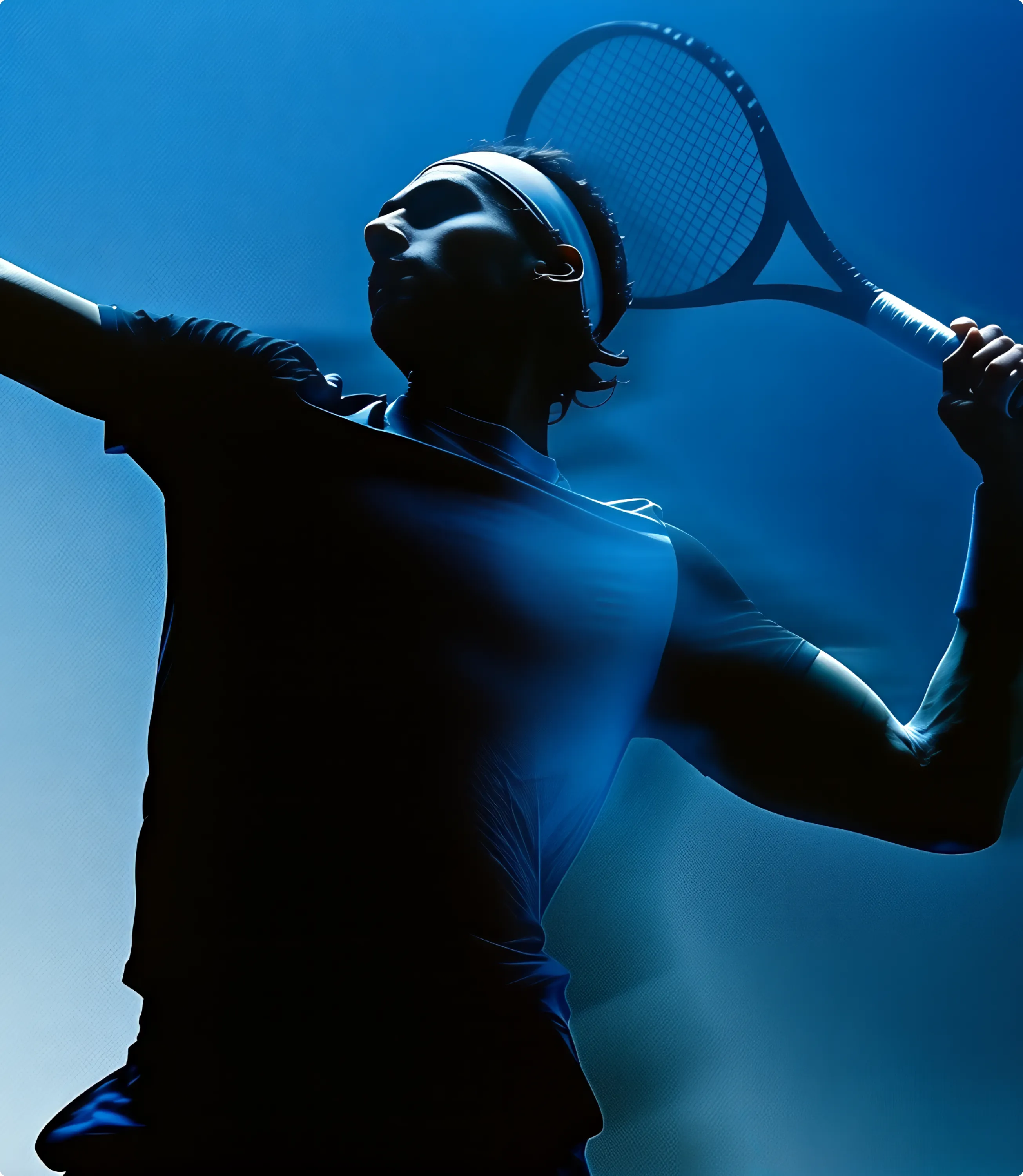 Tennis player mid-serve, shot in hard blue light