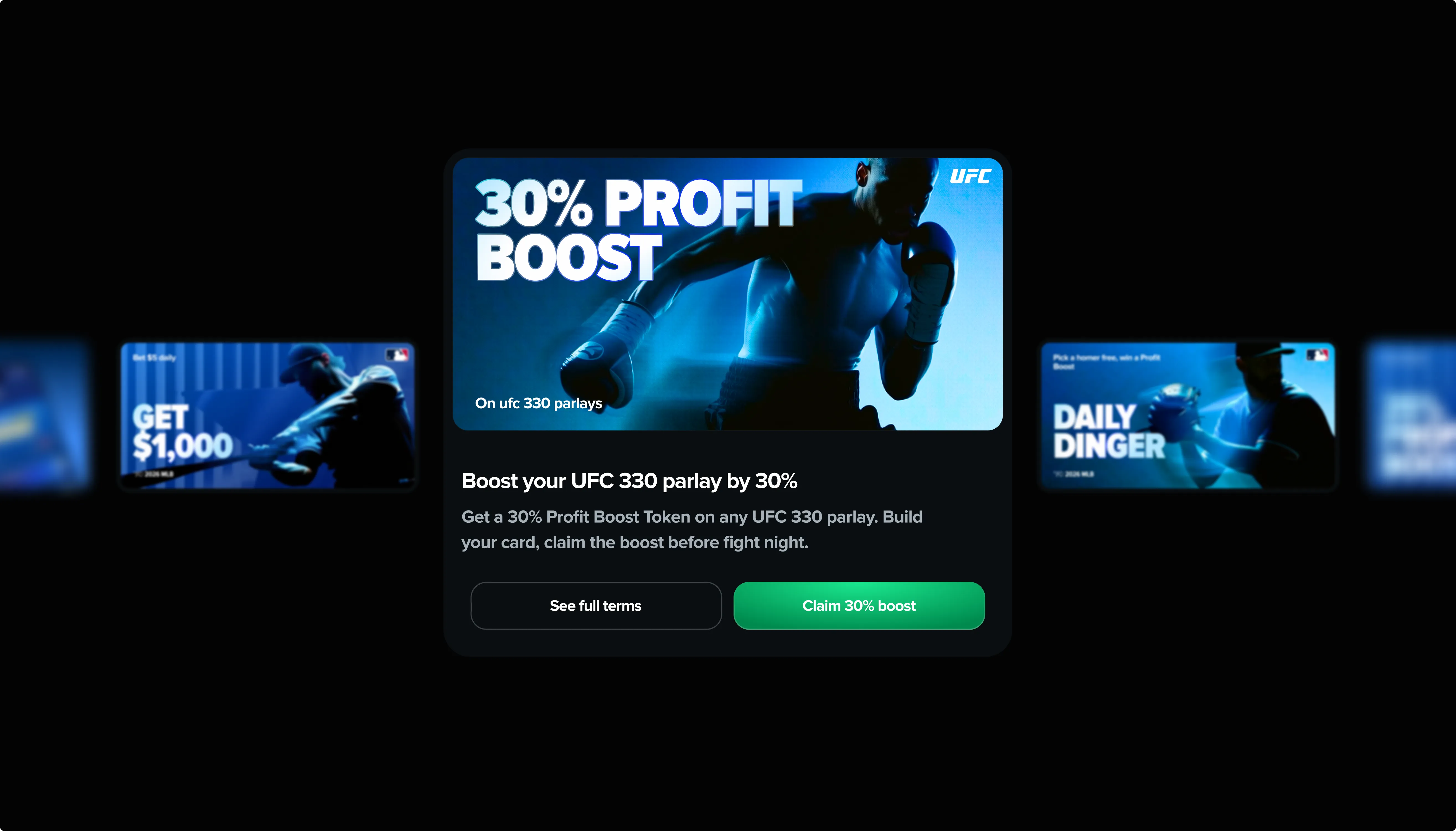 Promotion cards in a dark carousel: a 30% profit boost on a UFC parlay, a $1,000 bet reset and the Daily Dinger