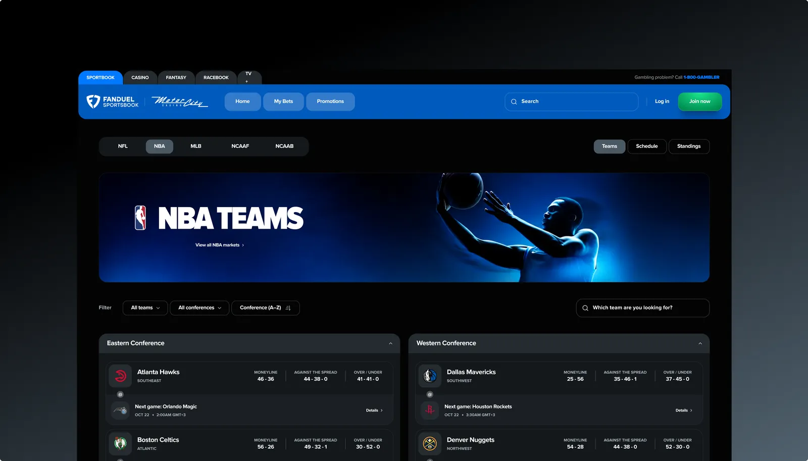 The NBA teams page of the FanDuel desktop sportsbook, with conference standings under a dark hero band