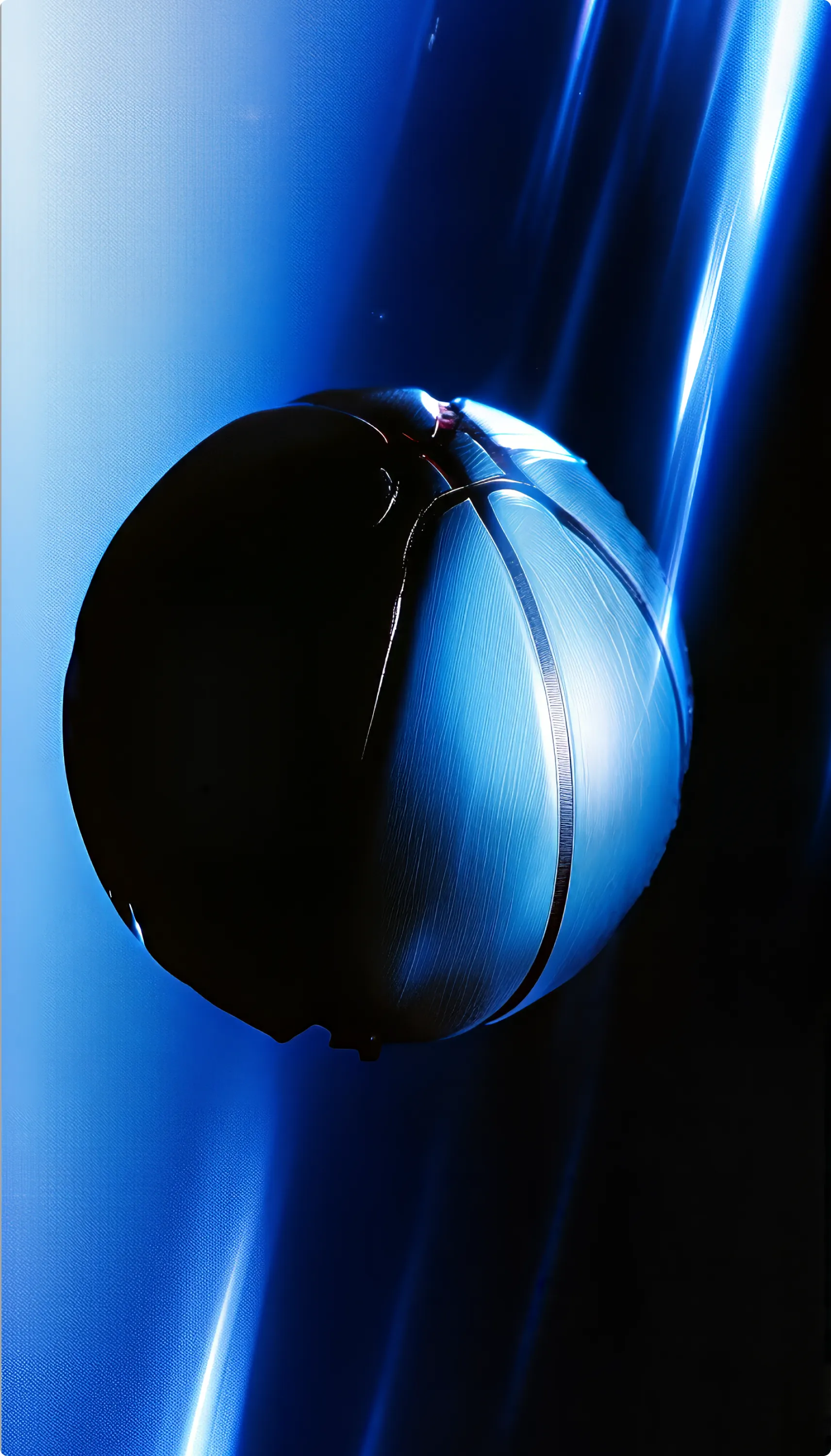 A basketball lit by blue light streaks