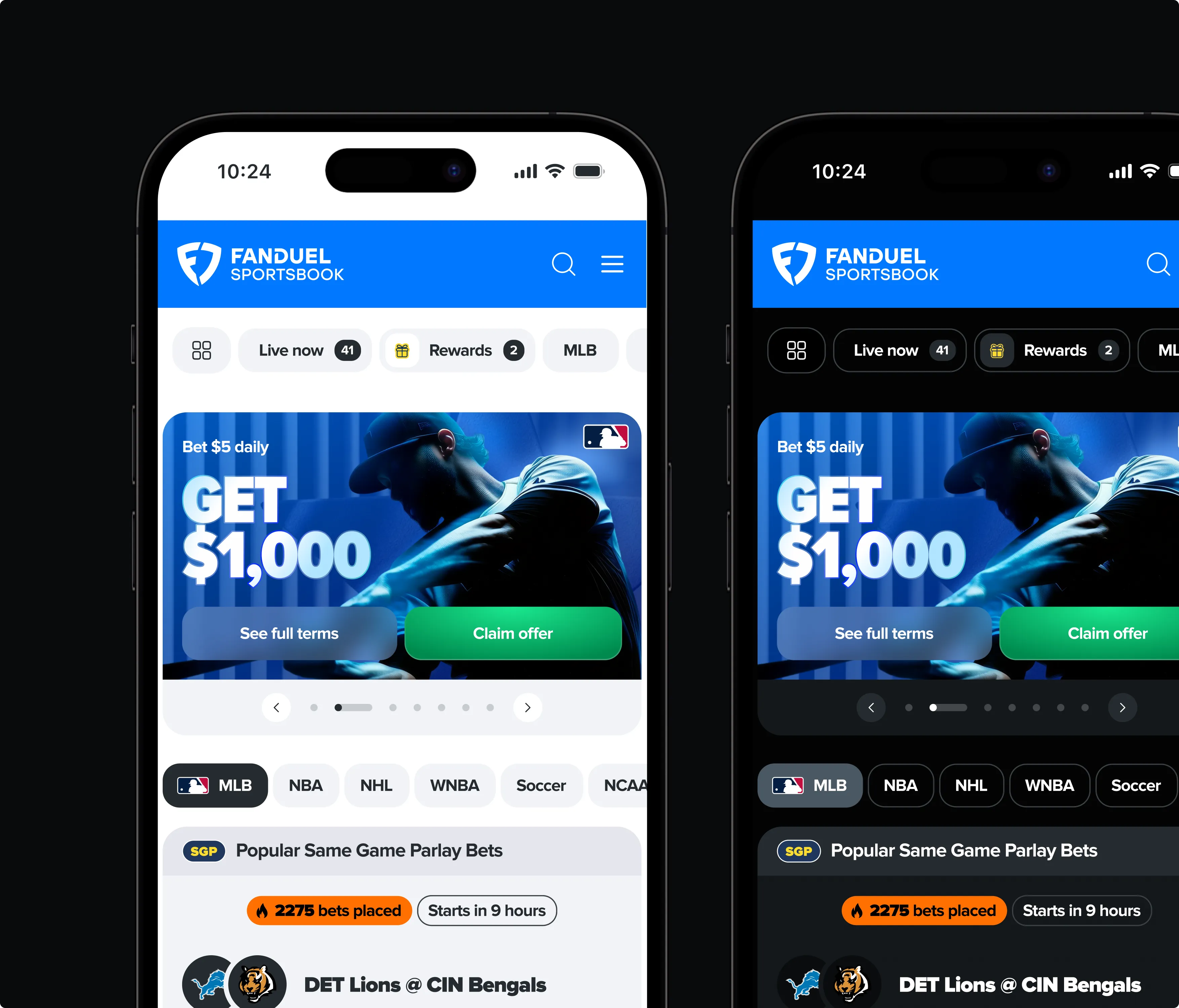 Two phone screens of the FanDuel Sportsbook home, showing the daily $1,000 bet reset offer and the popular same game parlays