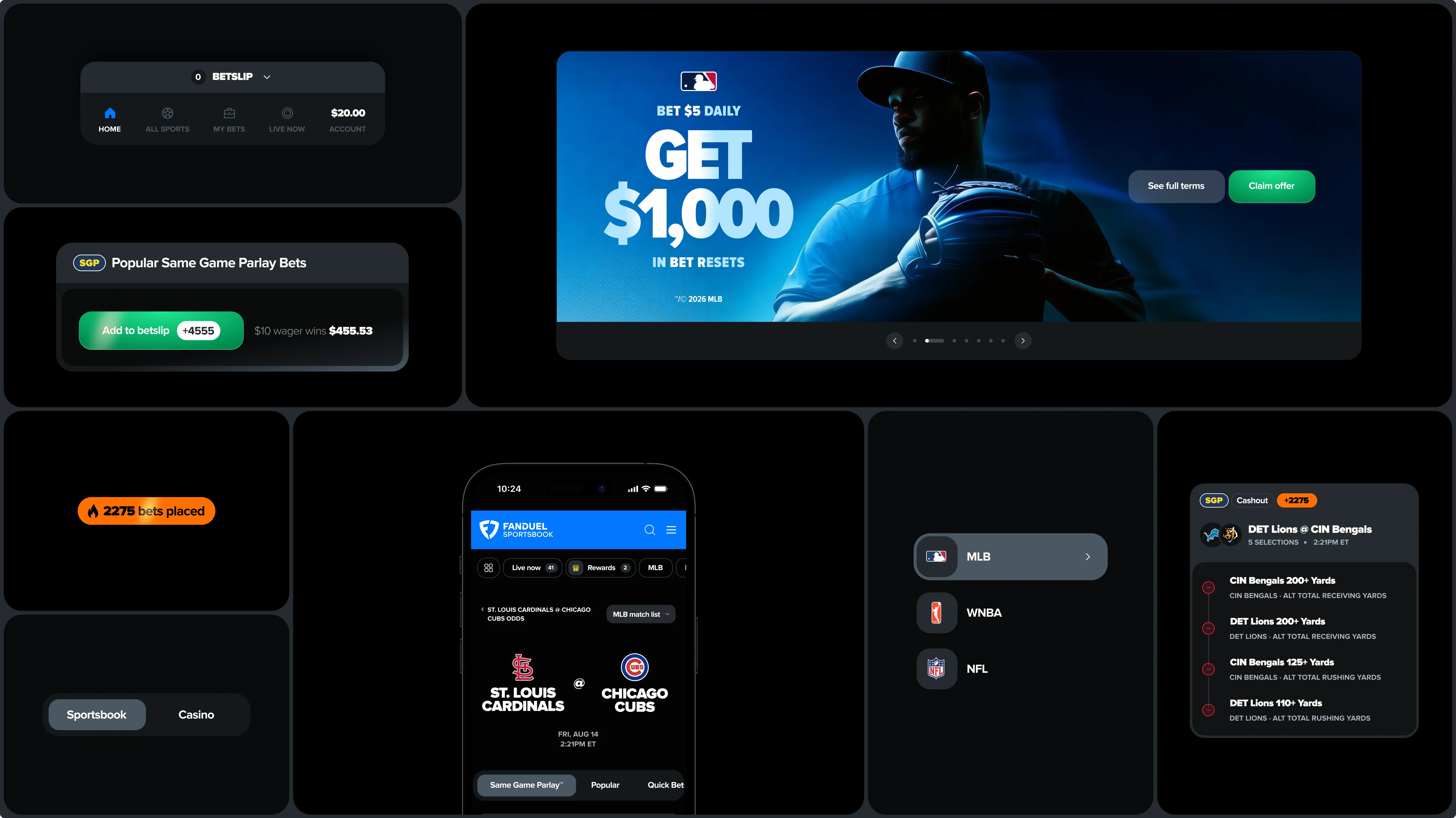 Interface pieces of the sportsbook laid out on black: the bet slip, the promotion banner, the league switcher and a live bet card