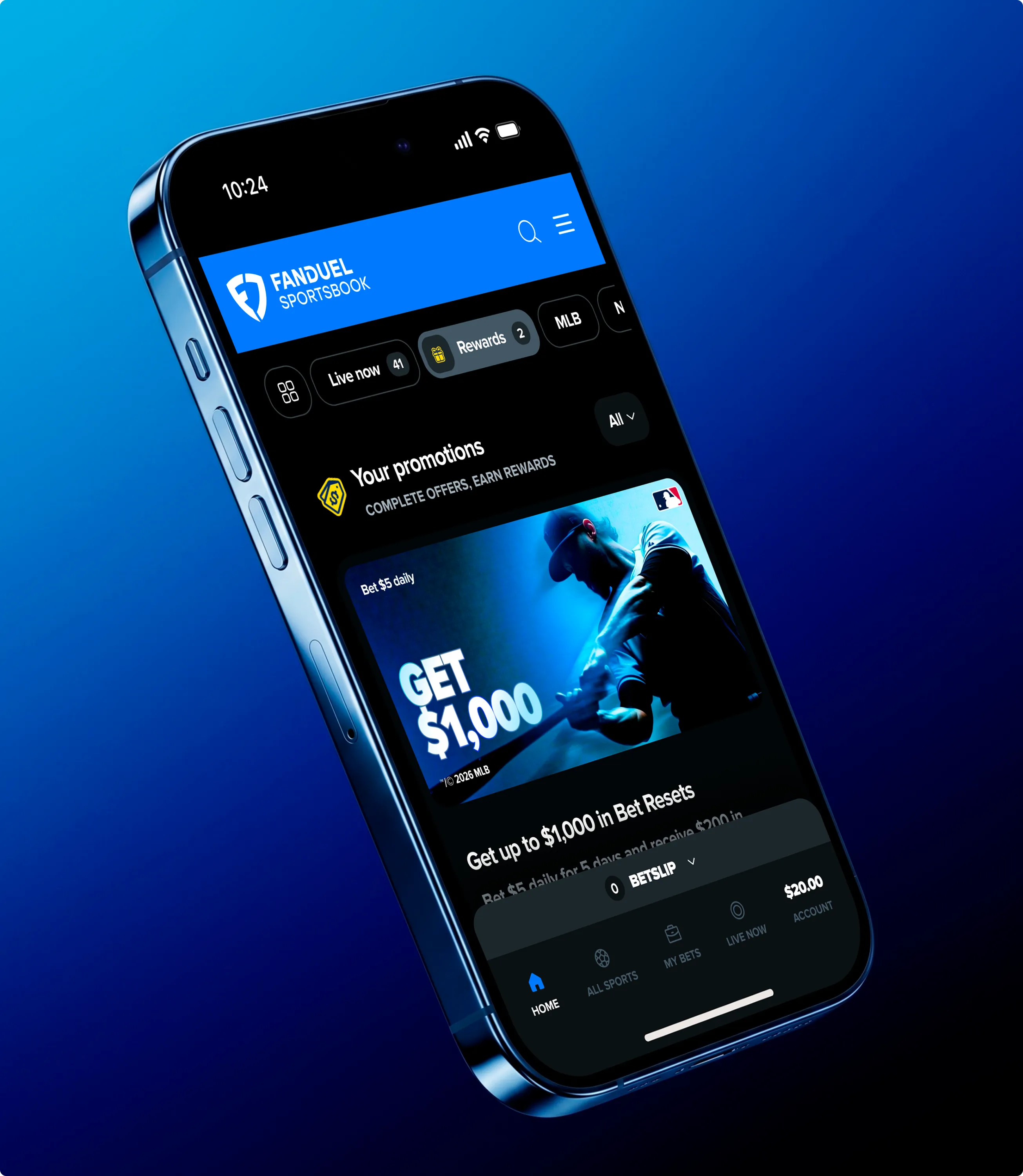 A phone tilted in blue light showing the promotions tab of the FanDuel Sportsbook