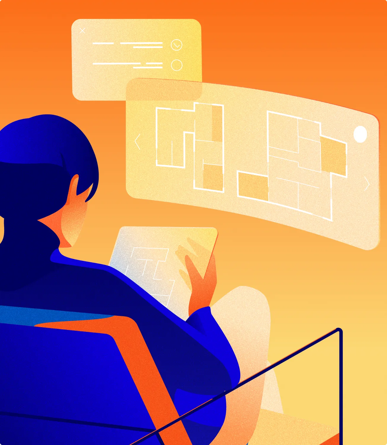 Futurproof illustration: person with floating interfaces