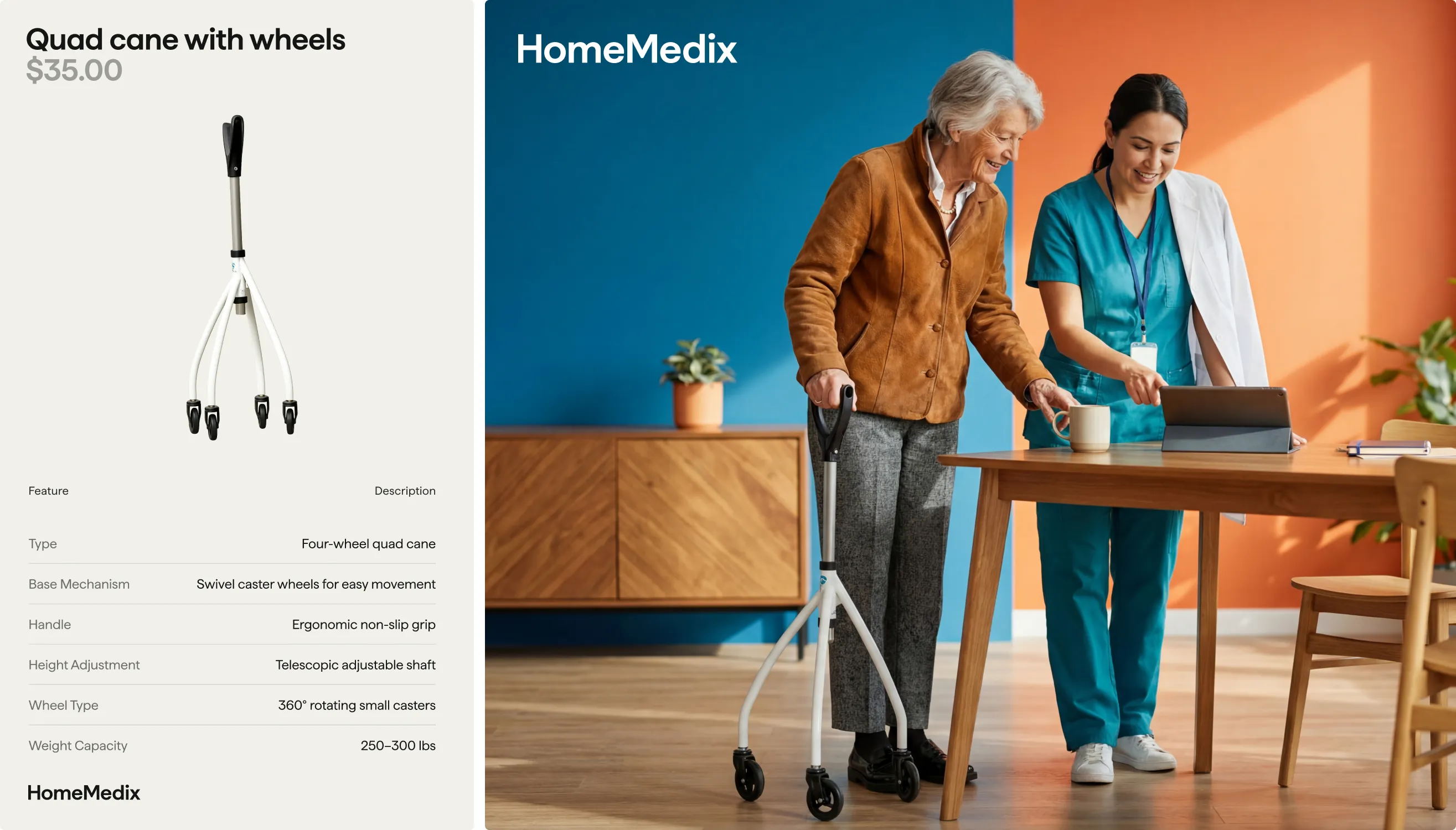 HomeMedix product card: quad cane with wheels