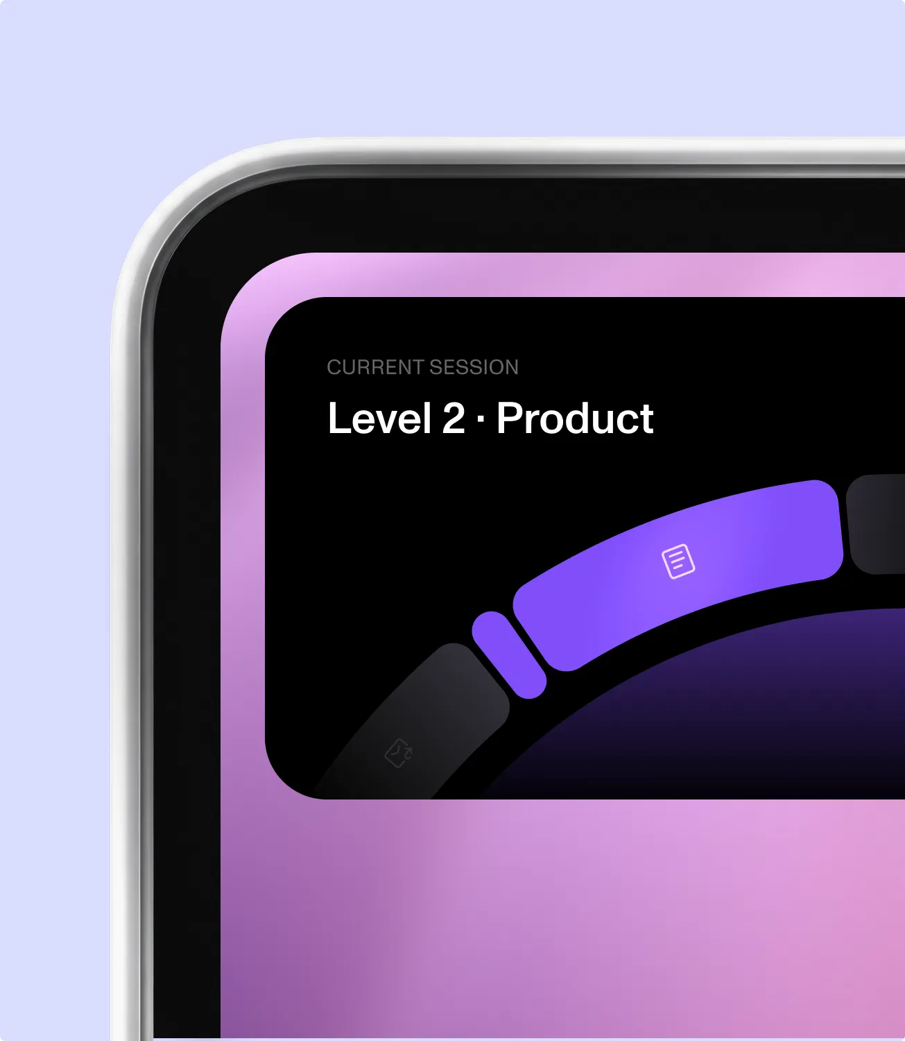 Close-up of the dock screen: current session, Level 2 · Product
