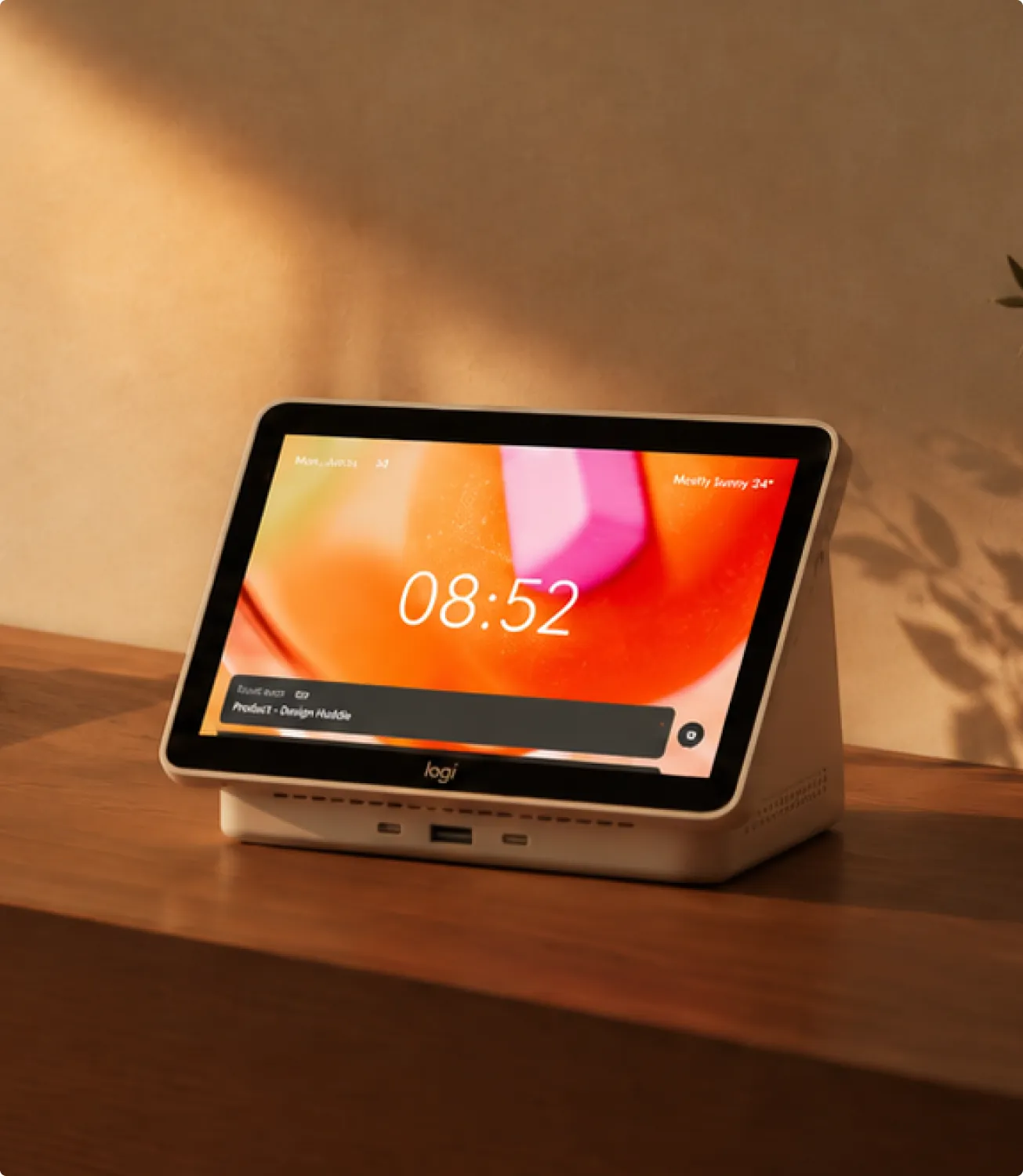 Logi Dock Flex on a wooden sideboard in warm evening light