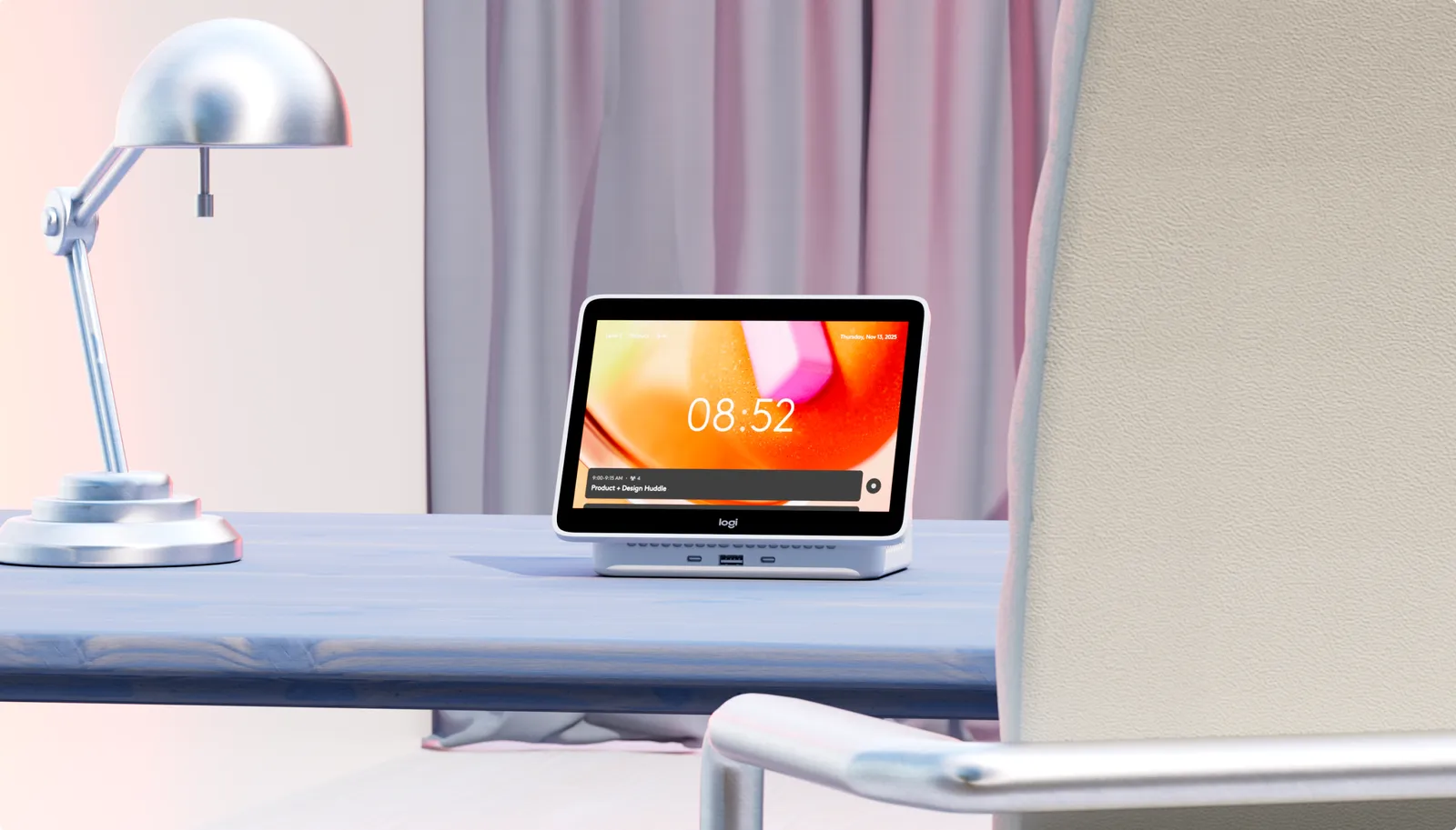 Logi Dock Flex on a desk in a pink room, a lamp beside it