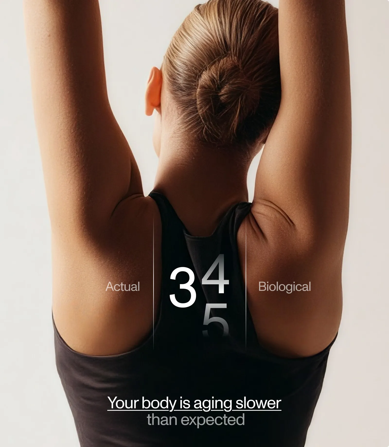 Biological age card over a woman’s back: actual 34, biological 35, “Your body is aging slower than expected”