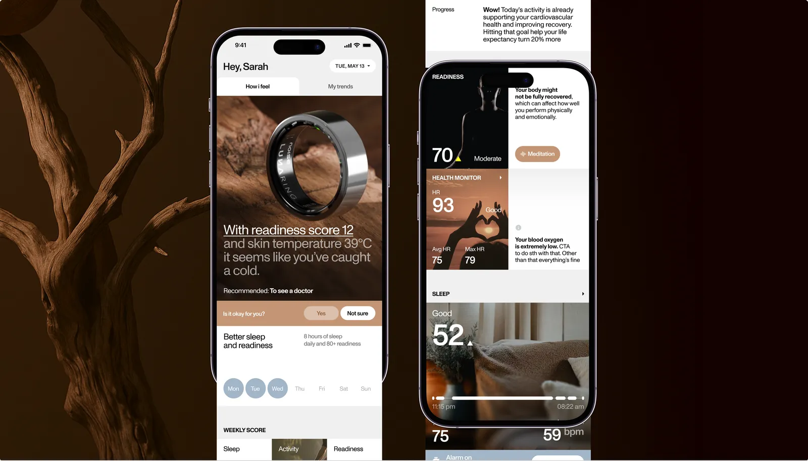 Luna app screens for the home feed, weekly scores, sleep and health monitor