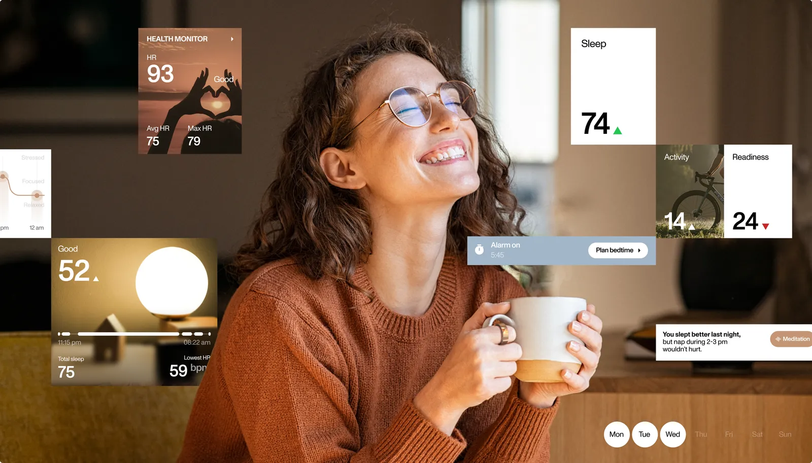 Woman smiling over a cup of coffee, surrounded by Luna cards for sleep, readiness, heart rate and bedtime