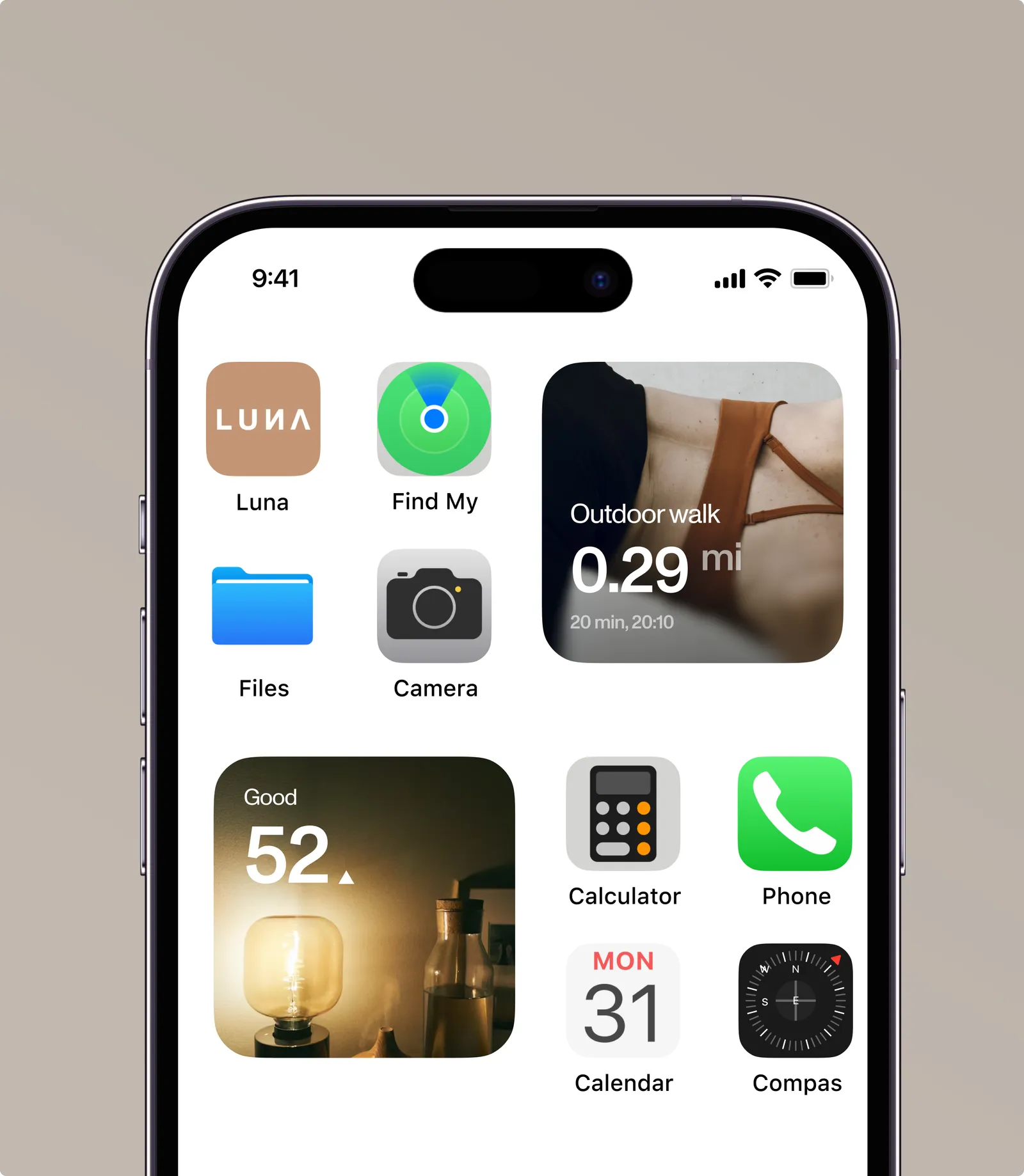 Phone home screen with the Luna app icon and widgets for an outdoor walk and a sleep score