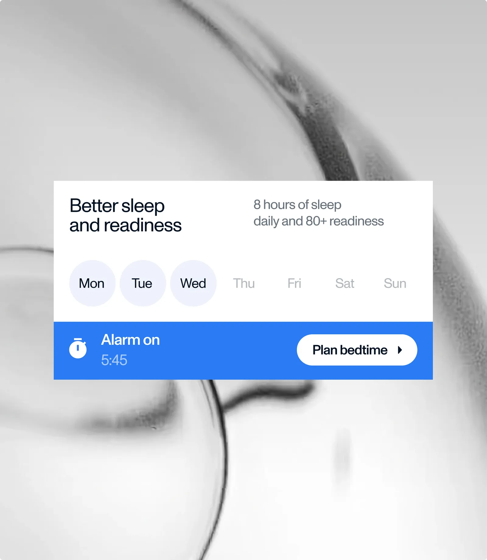 “Better sleep and readiness” goal card with weekdays and a bedtime alarm