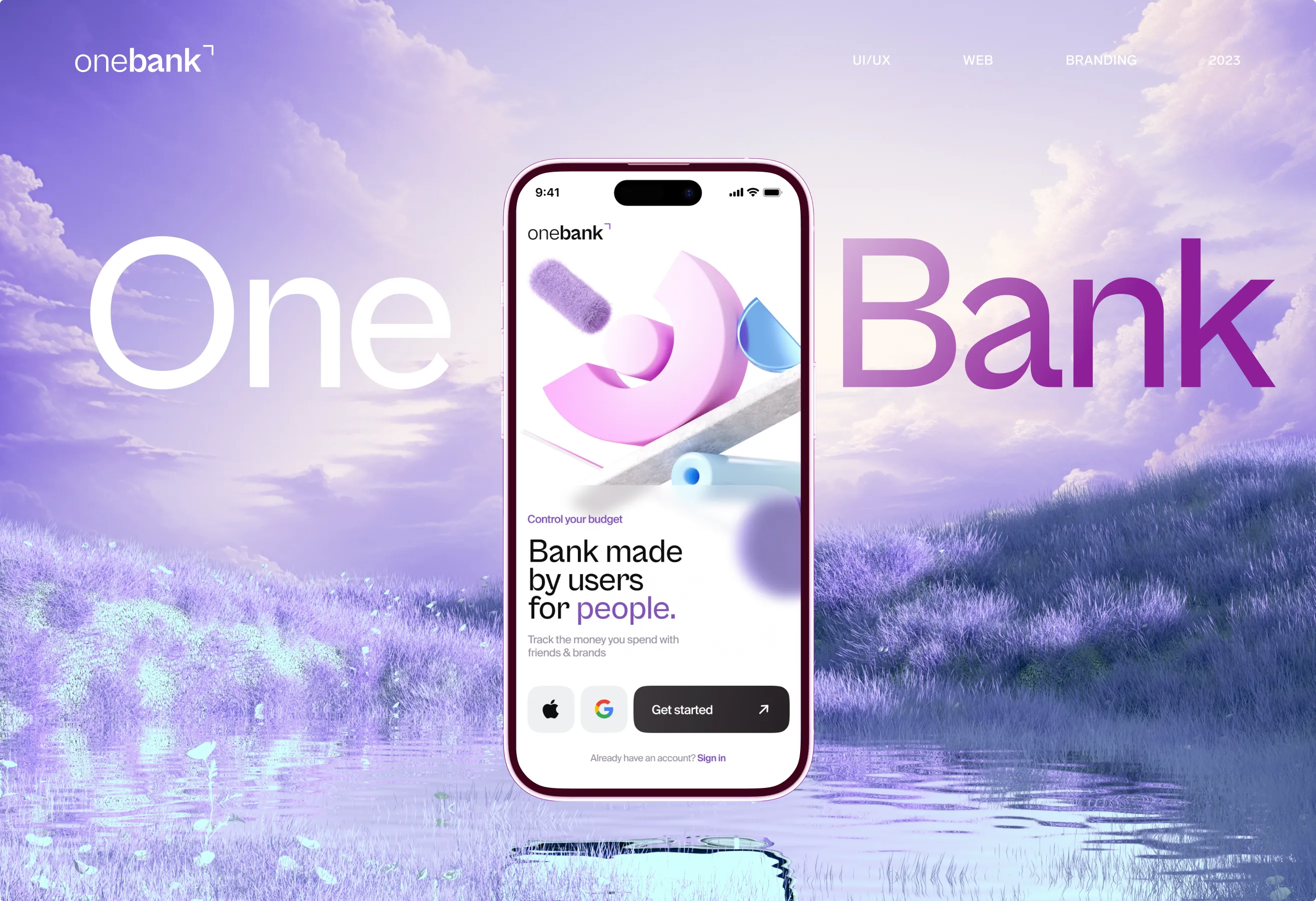 One Bank hero, the onebank app on an iPhone floating over a lavender landscape with a giant One Bank wordmark
