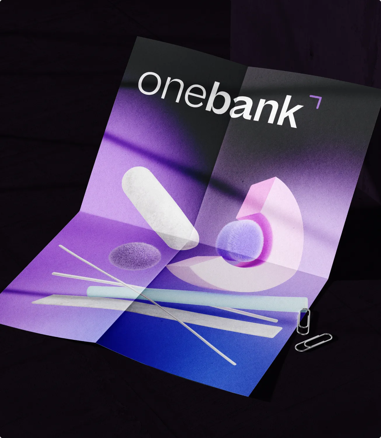 onebank folded poster on a dark surface with a purple gradient and soft 3D brand objects