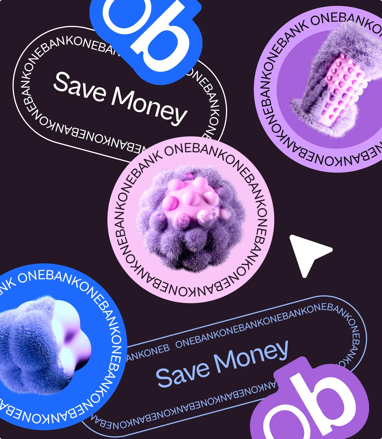 onebank sticker sheet on dark, Save Money badges and round ob logo stickers with fuzzy 3D orbs