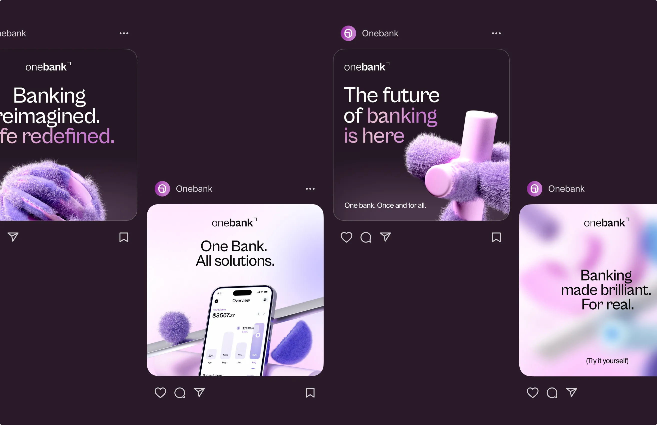onebank social campaign posts, Banking reimagined life redefined, The future of banking is here, One Bank all solutions, and Banking made brilliant for real