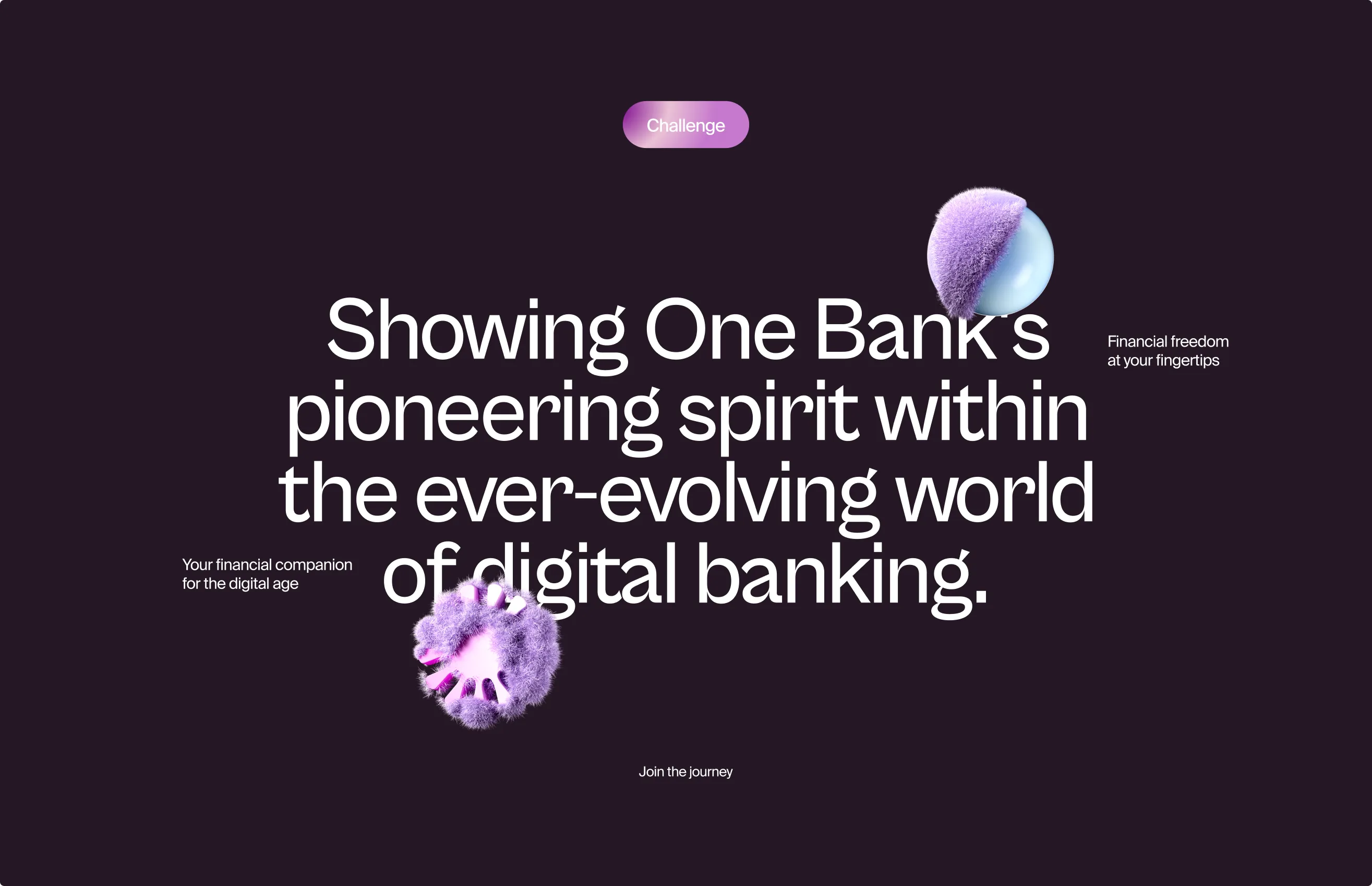 onebank challenge statement on dark, showing One Bank’s pioneering spirit within the ever-evolving world of digital banking, with fuzzy 3D orbs