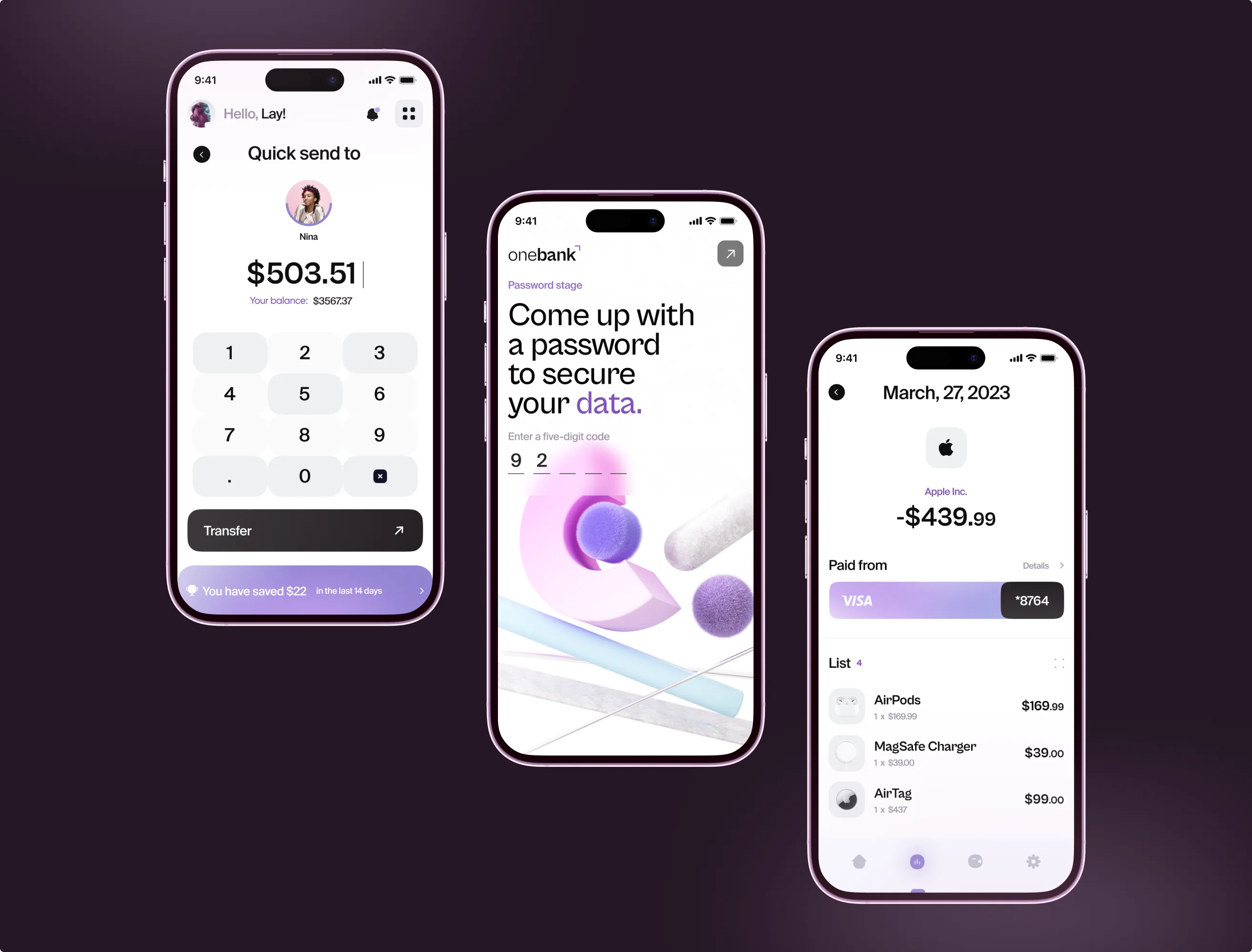 three onebank app screens on dark, Quick send to a contact, a password setup to secure your data, and a transaction detail