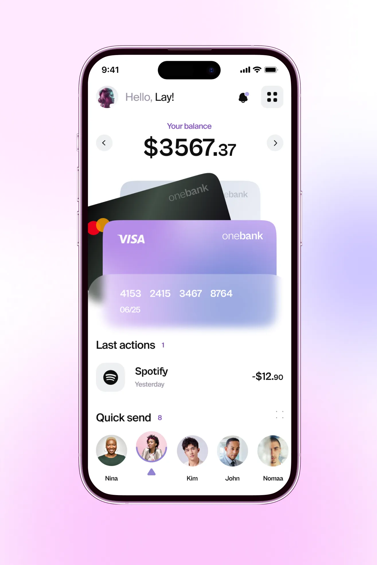onebank app home screen, balance with a VISA card, last actions, and quick send contacts