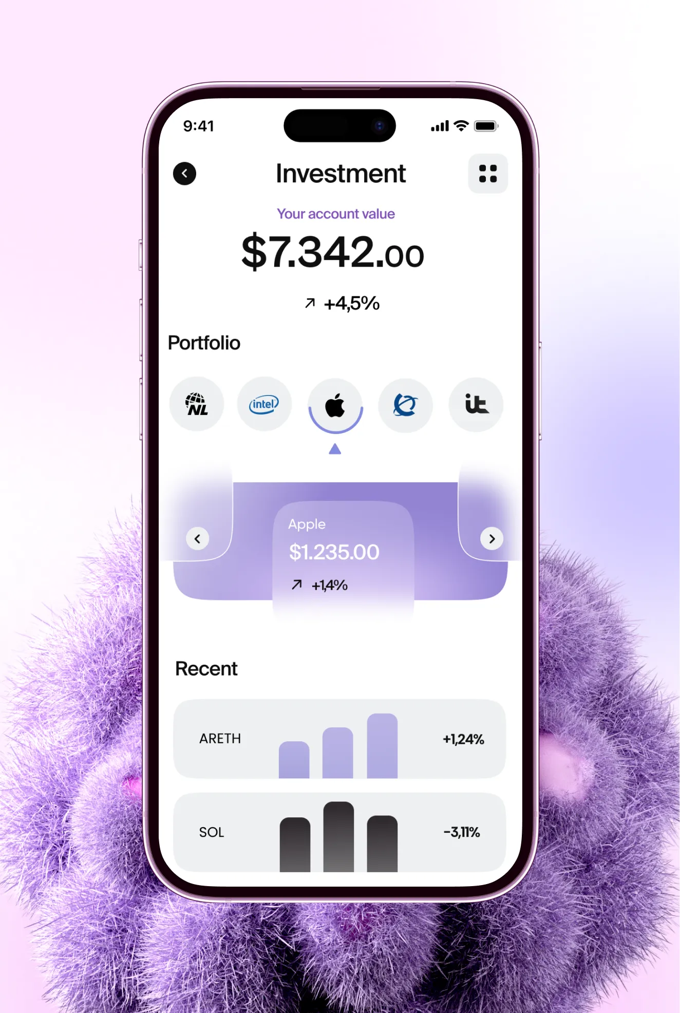 onebank app Investment screen showing account value and portfolio, over purple fuzzy 3D objects