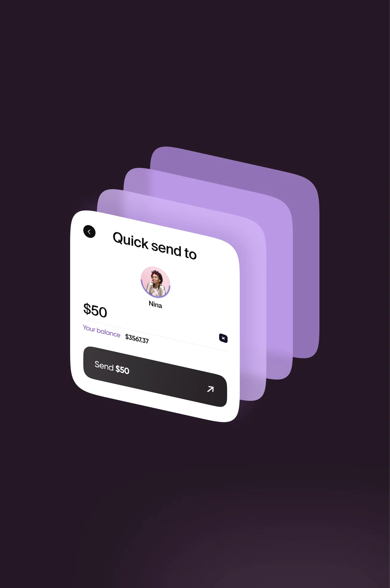 onebank Quick send flow as stacked cards on dark, sending money to a contact