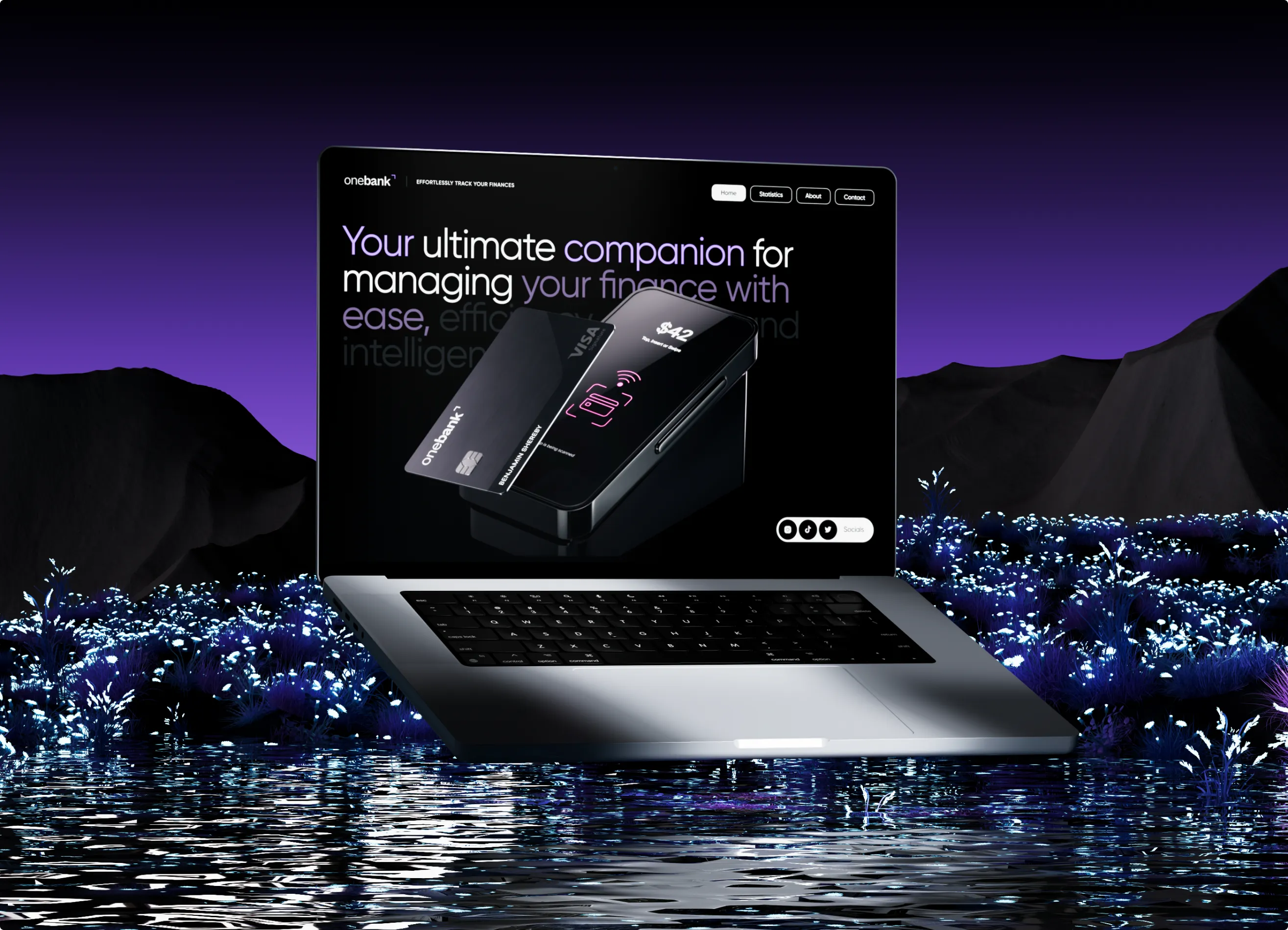 onebank website shown on a laptop floating over a glowing night landscape and water