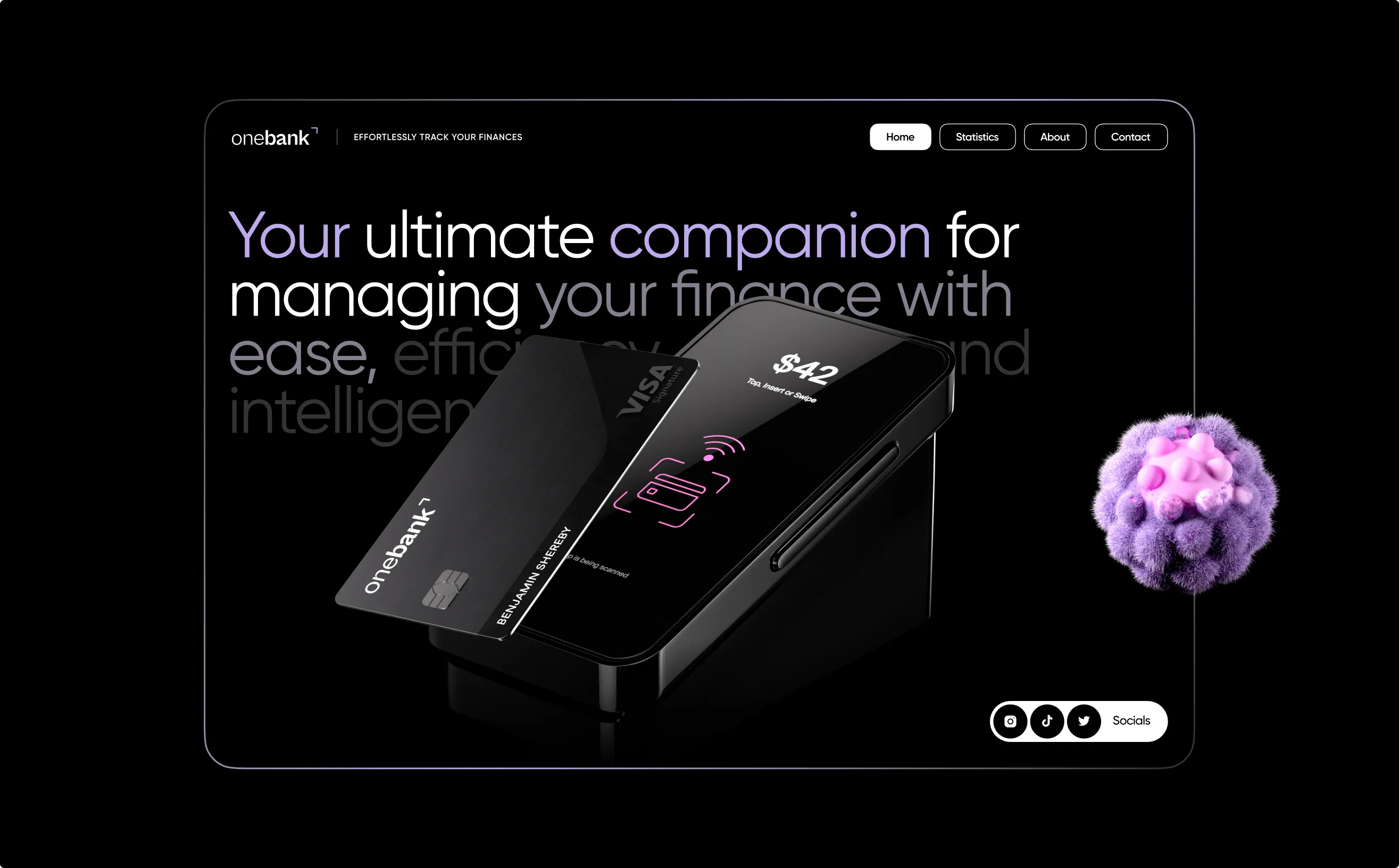 onebank website hero on desktop, your ultimate companion for managing your finance, with a card, a payment terminal, and a 3D orb on black