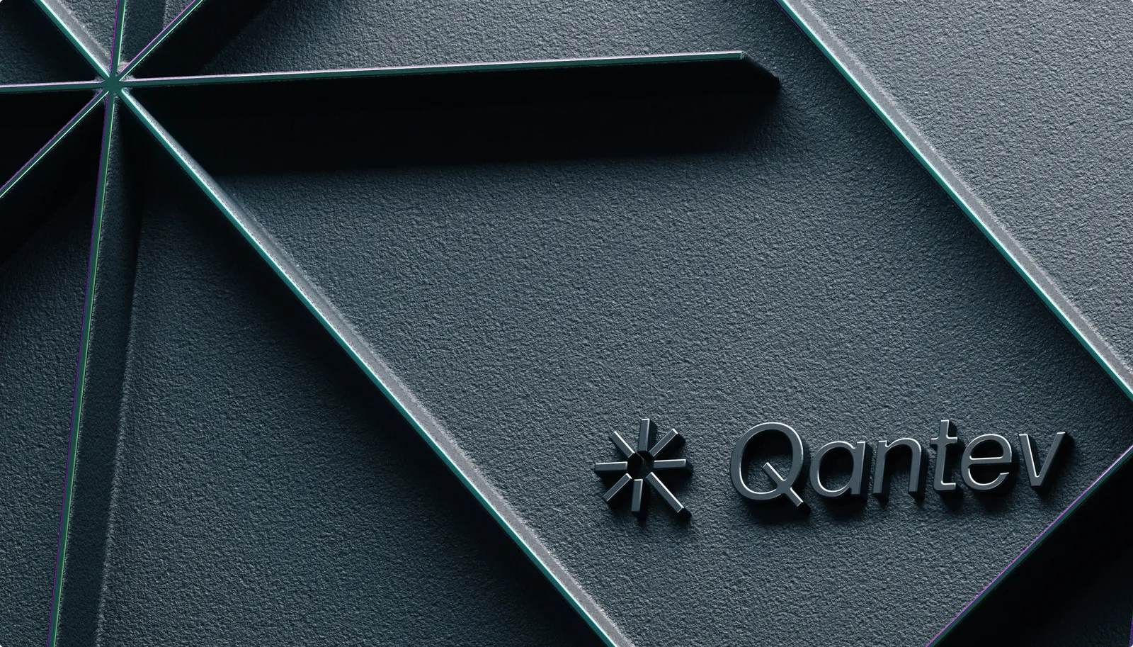 Qantev asterisk logomark embossed on a dark geometric textured wall