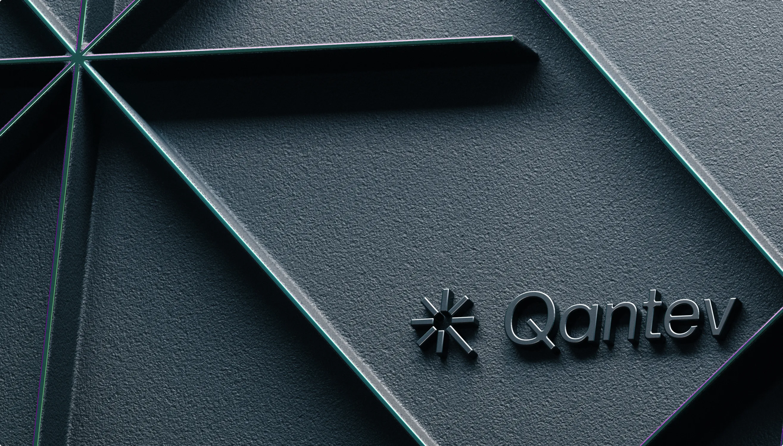 Qantev asterisk logomark embossed on a dark geometric textured wall