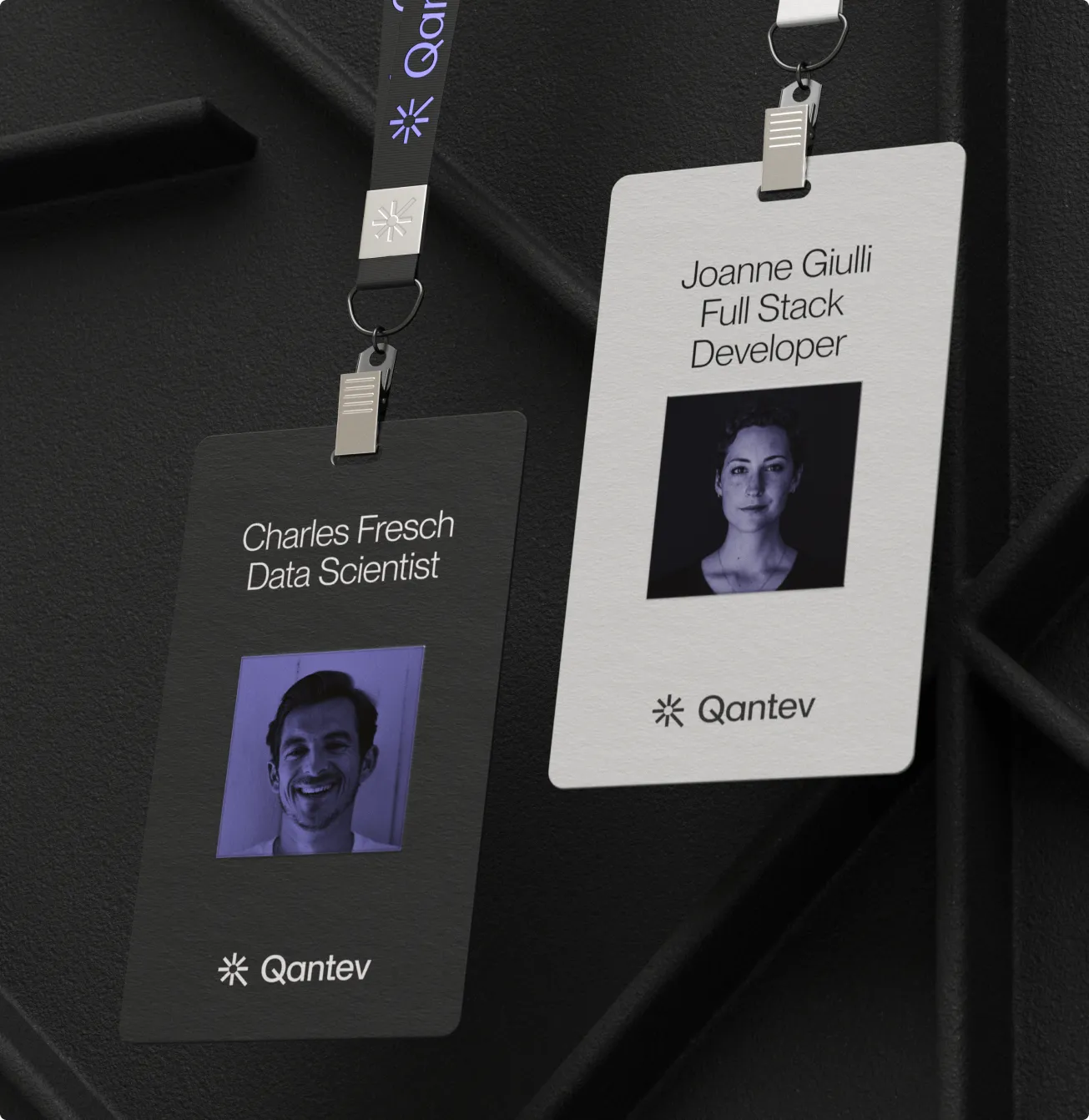 Qantev event badges on lanyards for Charles Fresch, Data Scientist, and Joanne Giulli, Full Stack Developer