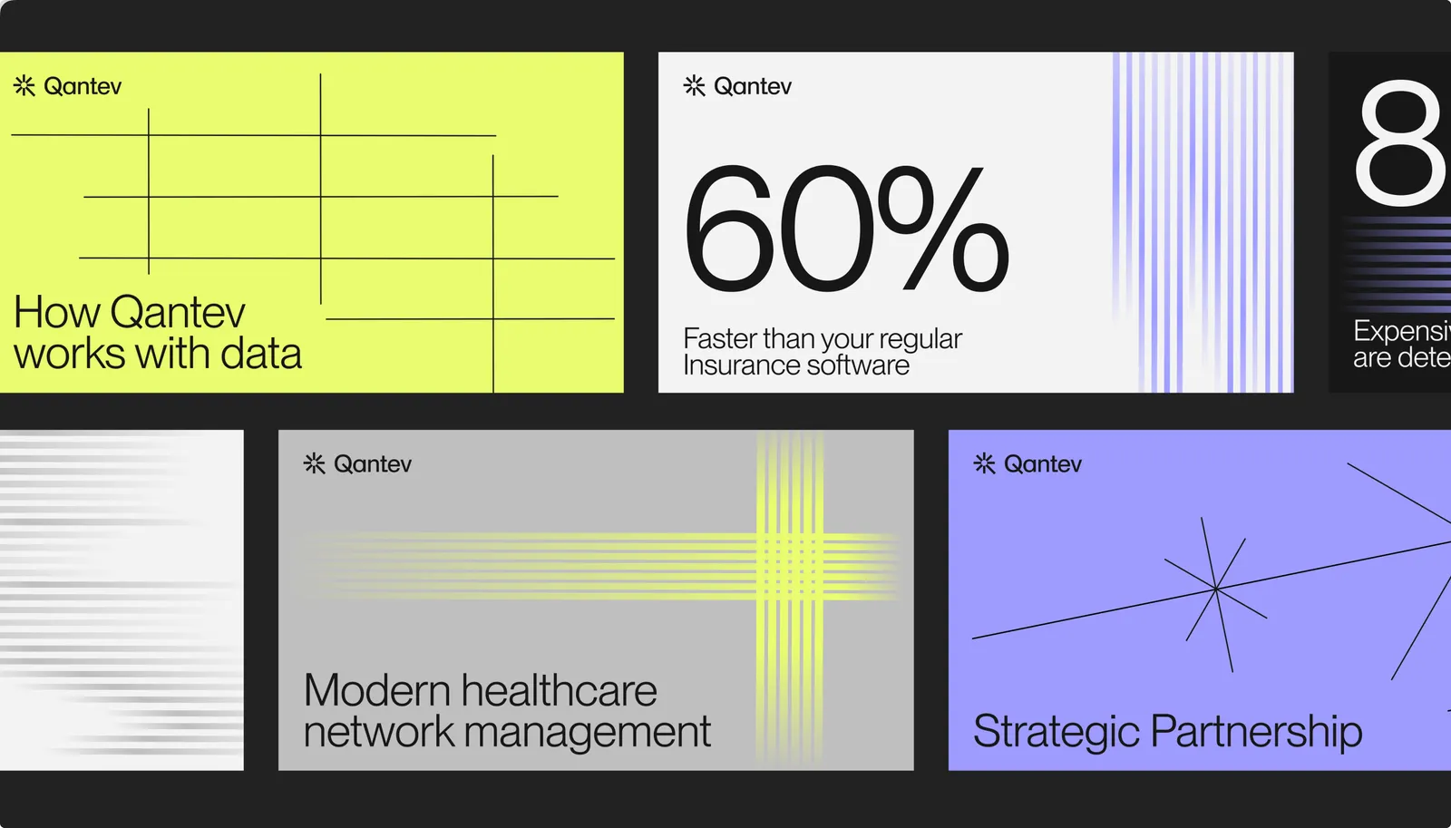Qantev campaign cards: How Qantev works with data, 60% faster than your regular insurance software, Modern healthcare network management, and Strategic Partnership