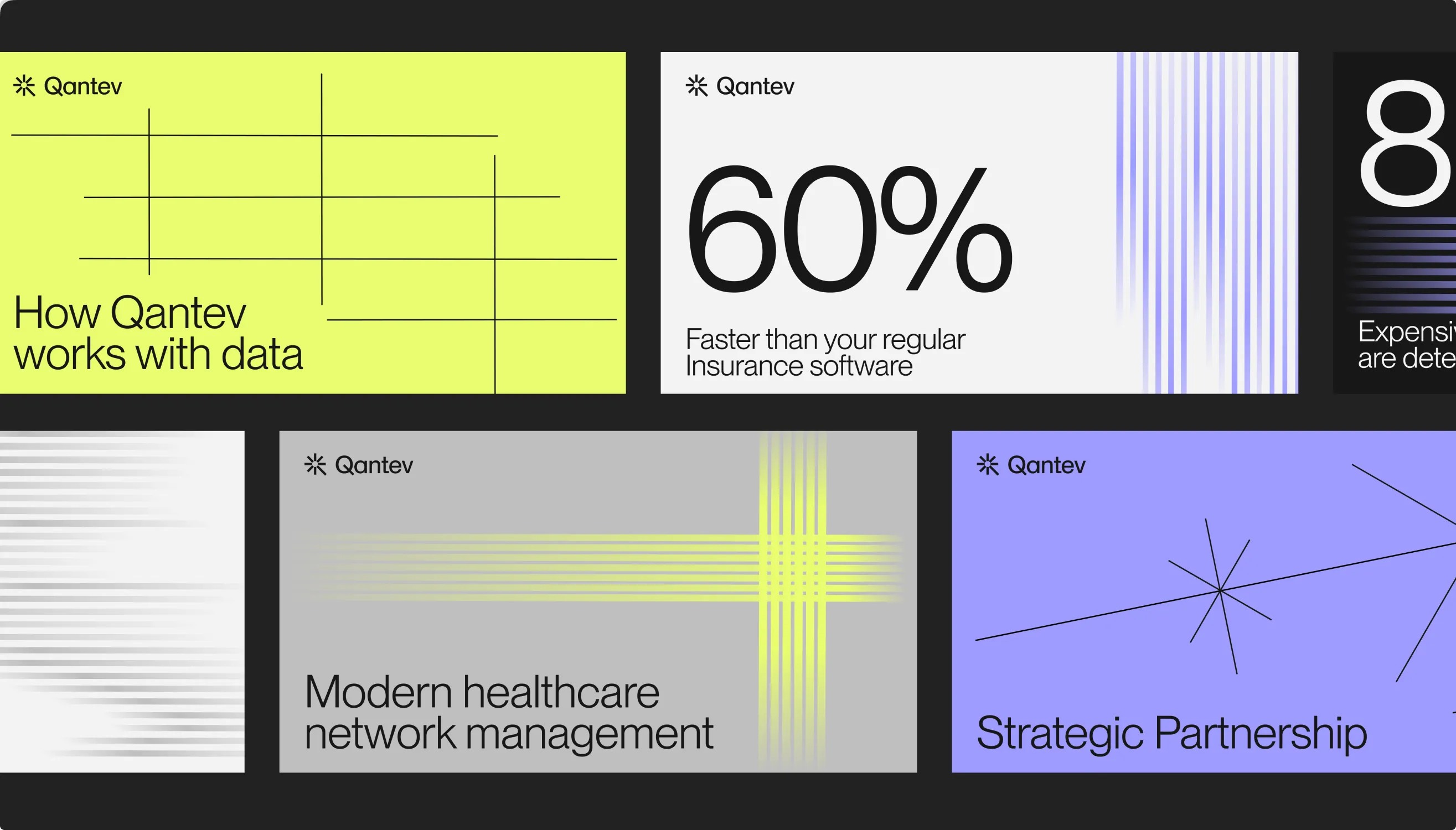 Qantev campaign cards: How Qantev works with data, 60% faster than your regular insurance software, Modern healthcare network management, and Strategic Partnership