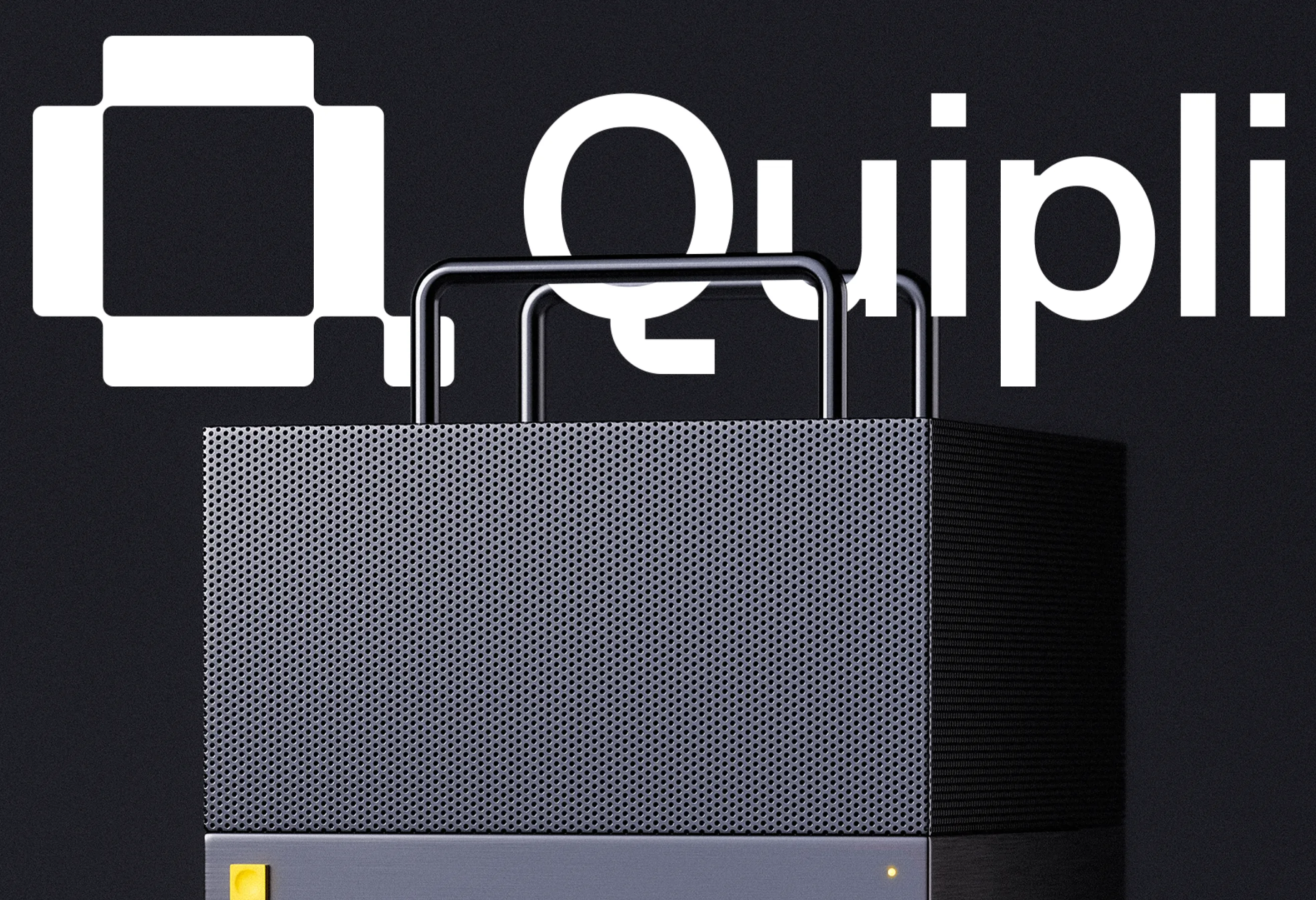 Quipli logo above a dark metal rental equipment unit on a black background