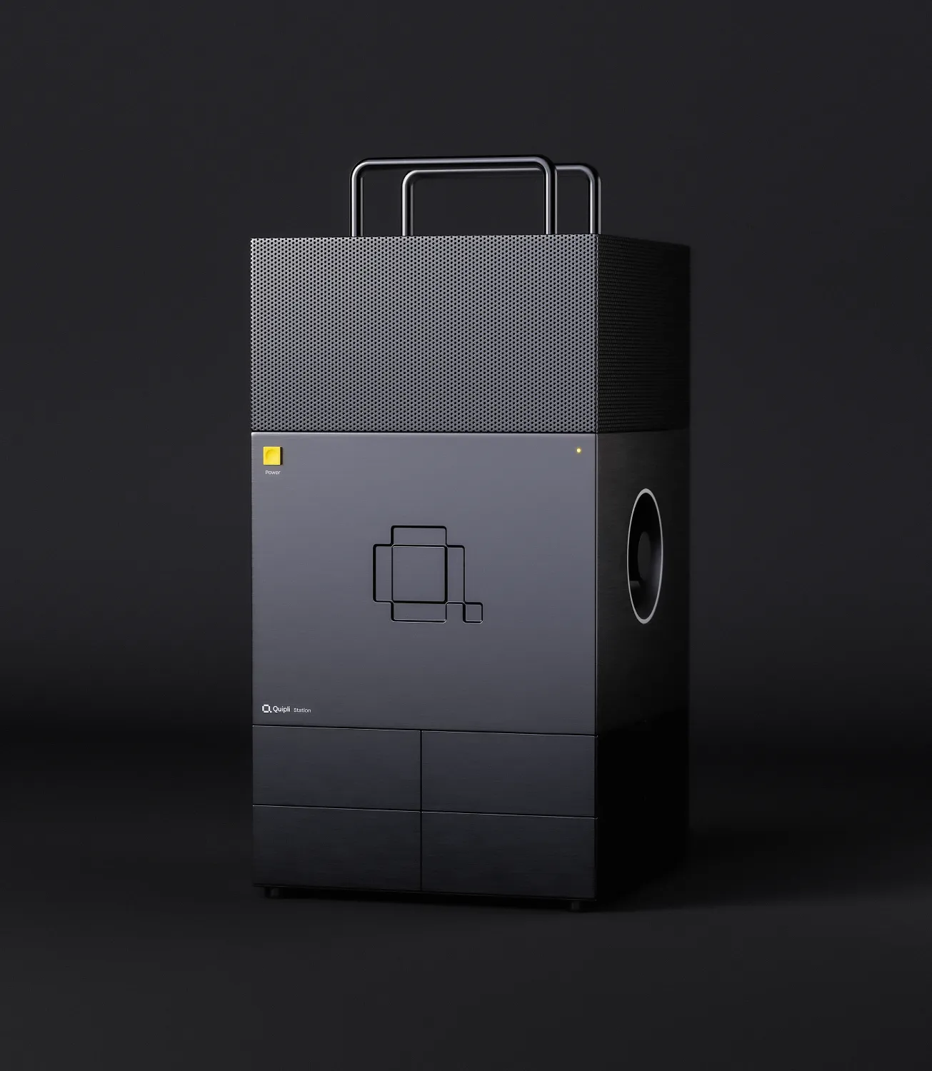 Dark metal Quipli equipment unit mockup with a carry handle and yellow accent on black