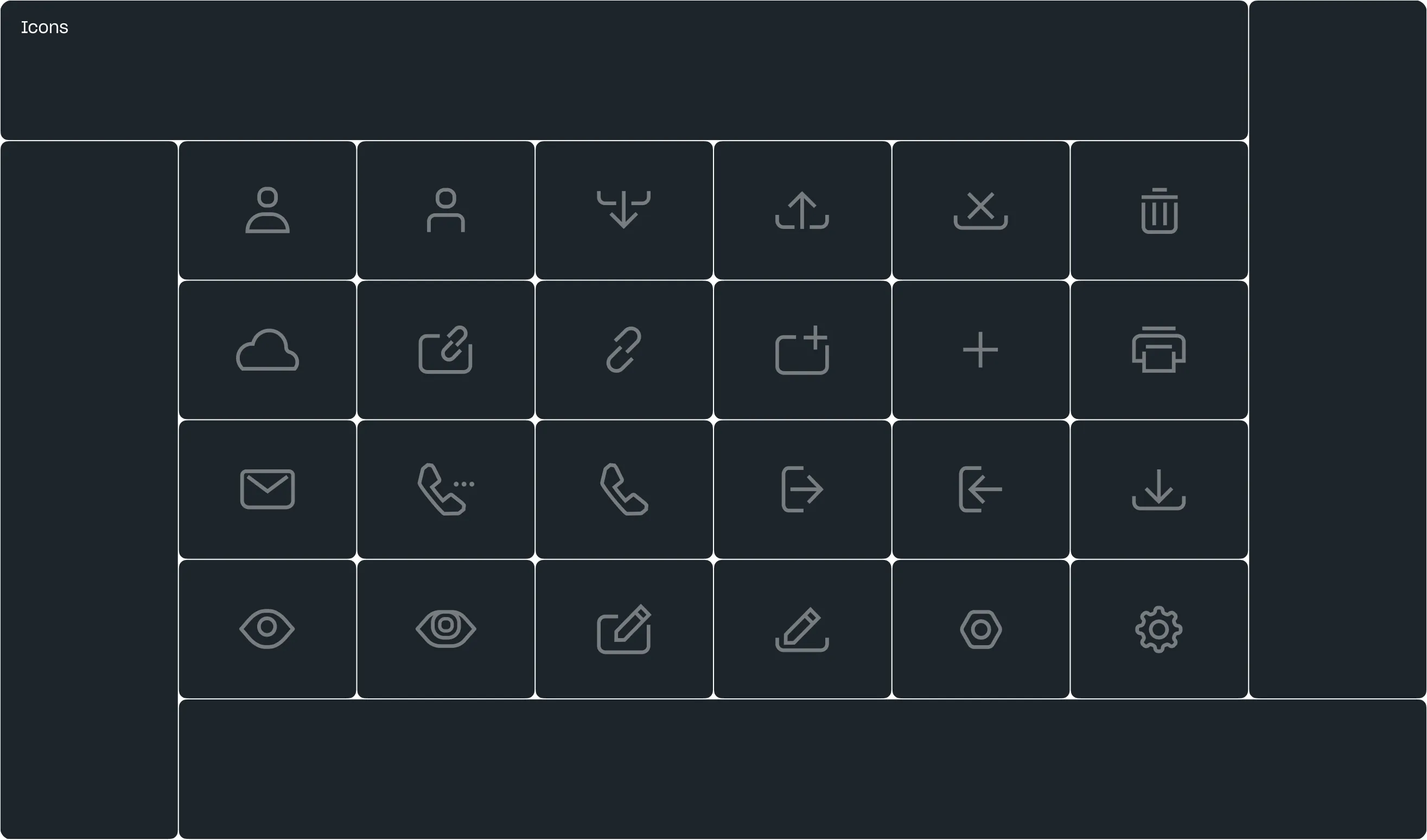 Quipli line icon set including user, upload, delete, cloud, link, mail, phone, view, edit, and settings glyphs on dark tiles