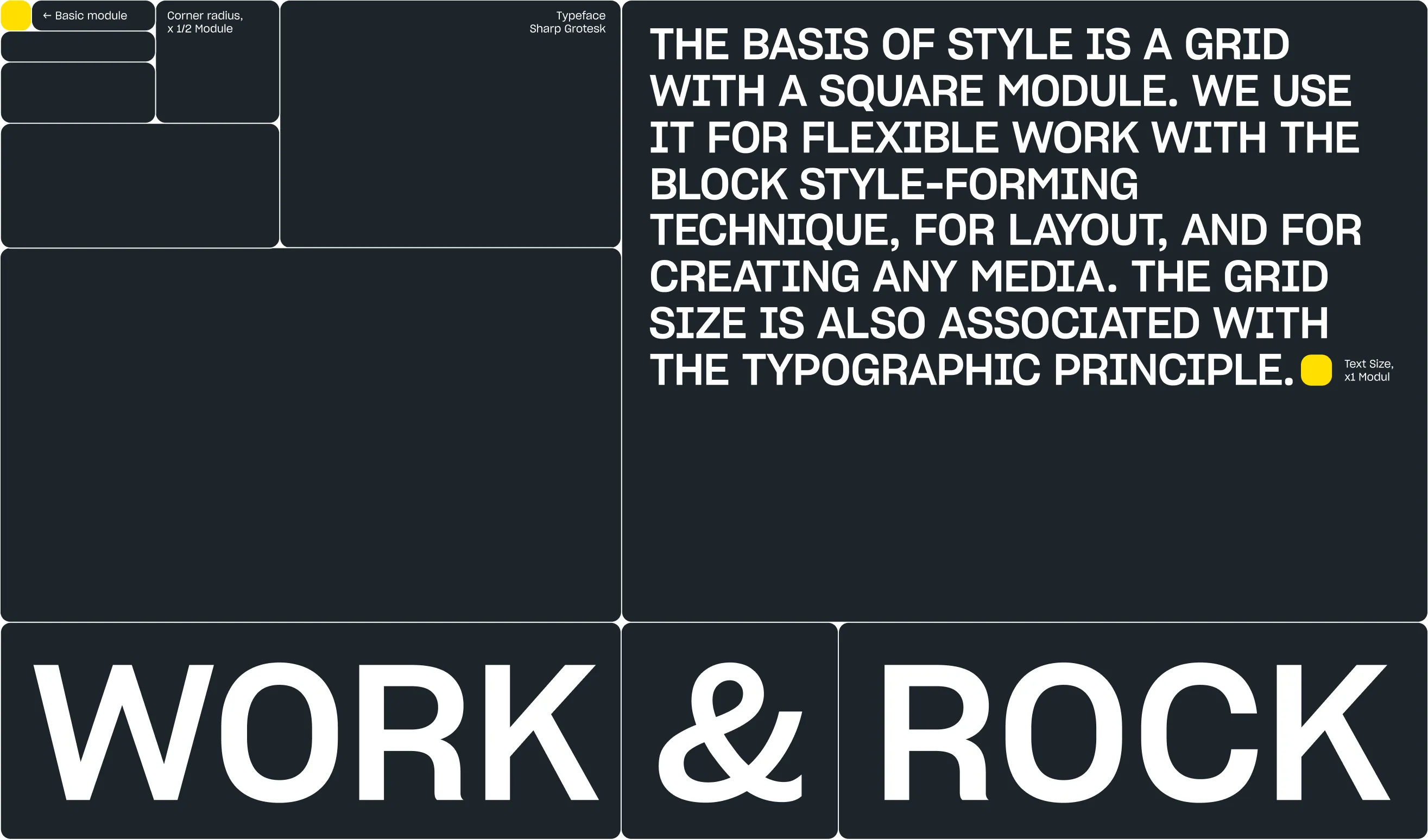Quipli brand grid system diagram built on a square module with a large WORK & ROCK headline in Sharp Grotesk on dark