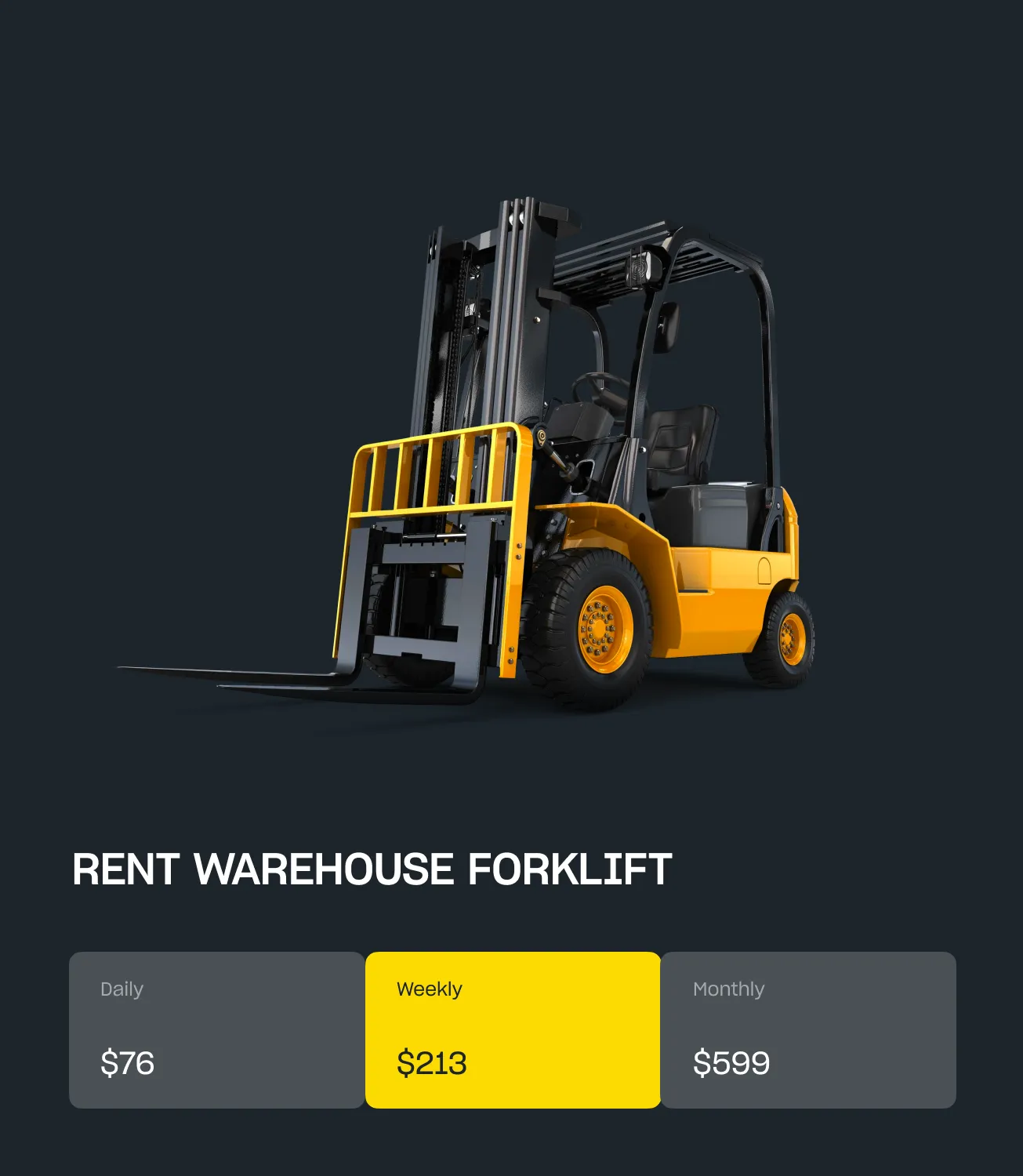 Quipli rental listing card for a warehouse forklift with daily, weekly, and monthly pricing