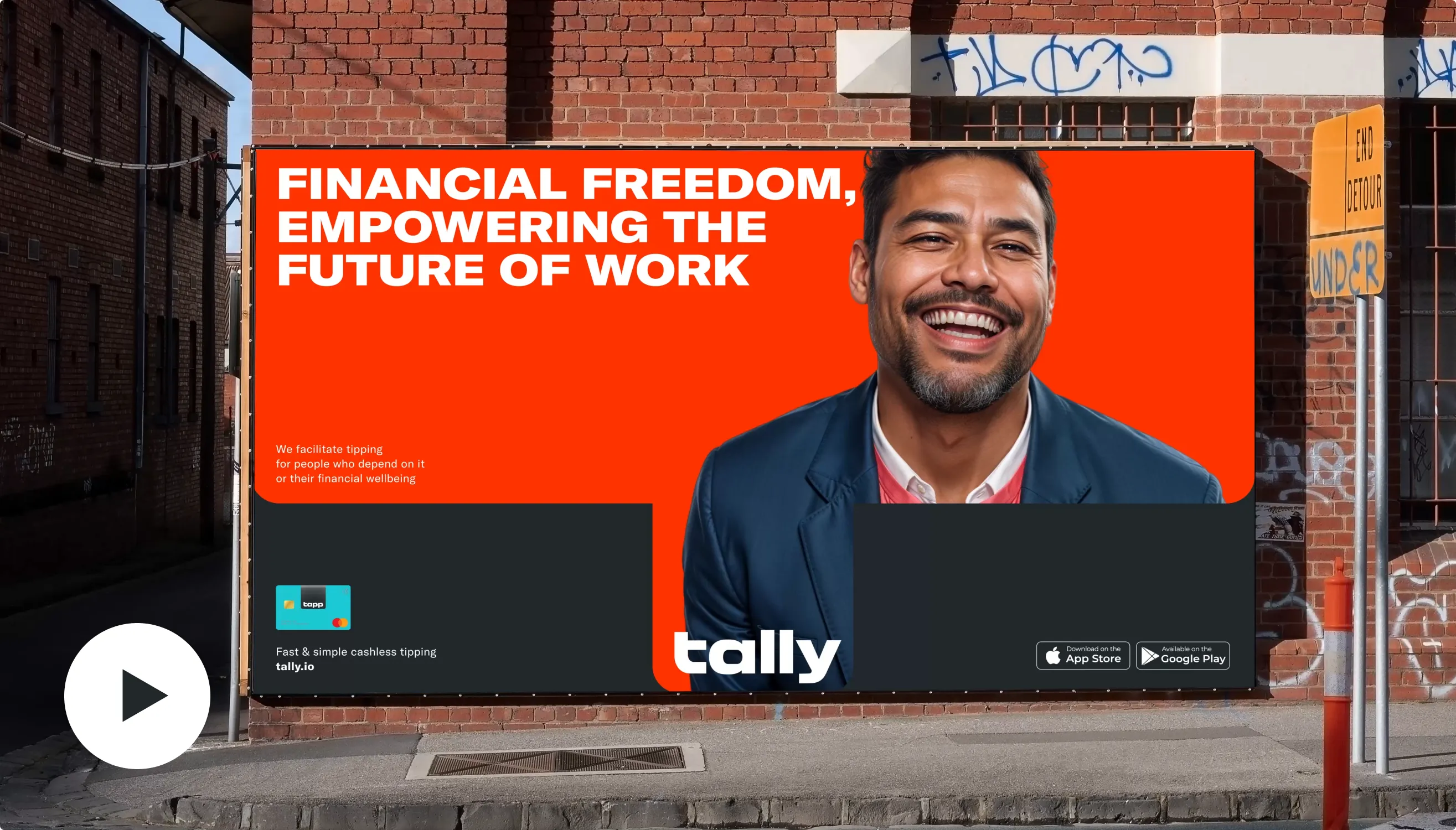 Tally billboard reading Financial freedom, empowering the future of work