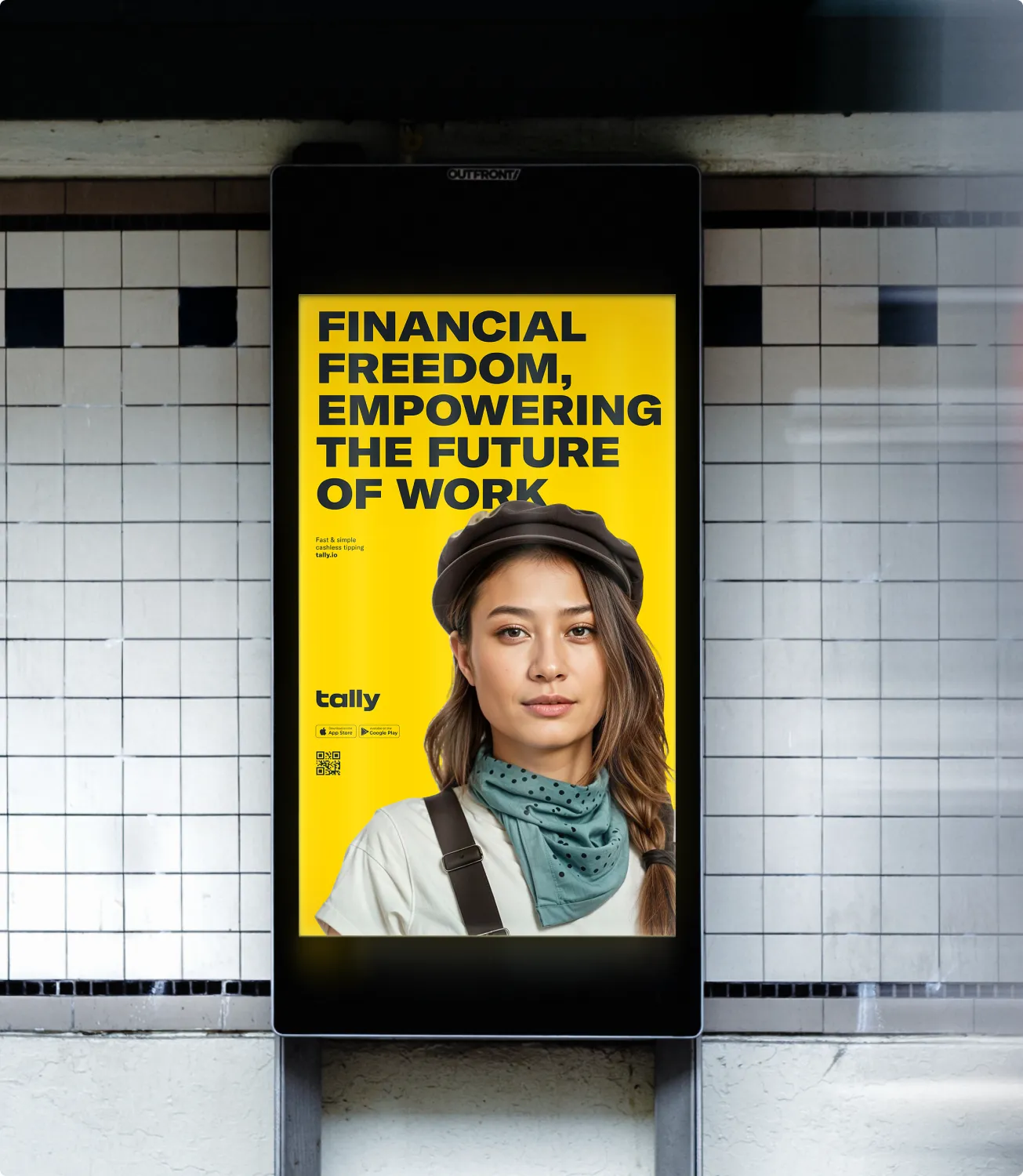 Tally subway station billboard with a commuter