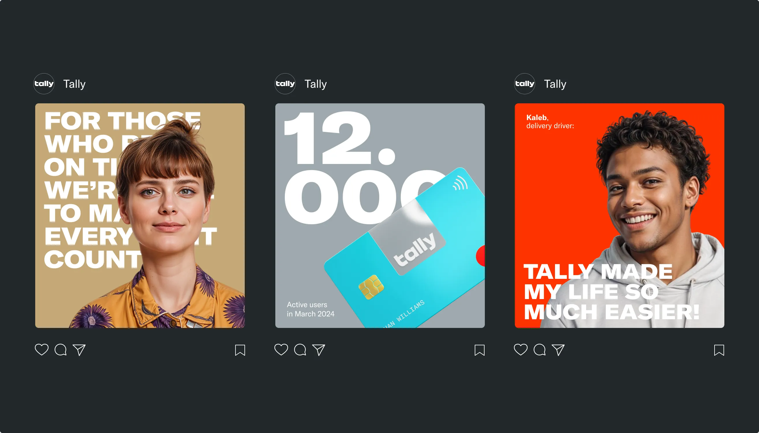 Tally Instagram posts showing user stats and testimonials
