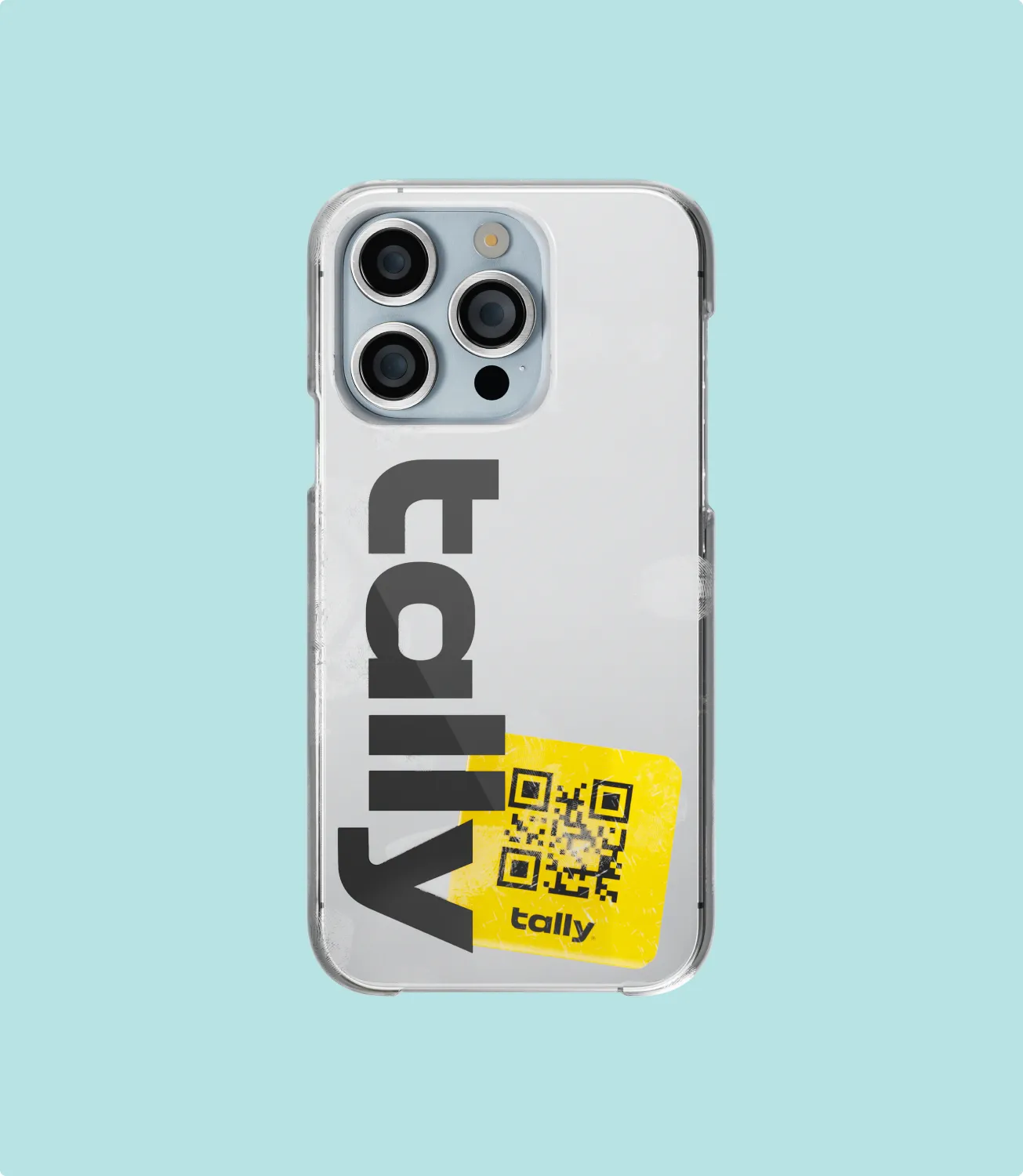 Clear phone case with Tally branding on a mint background