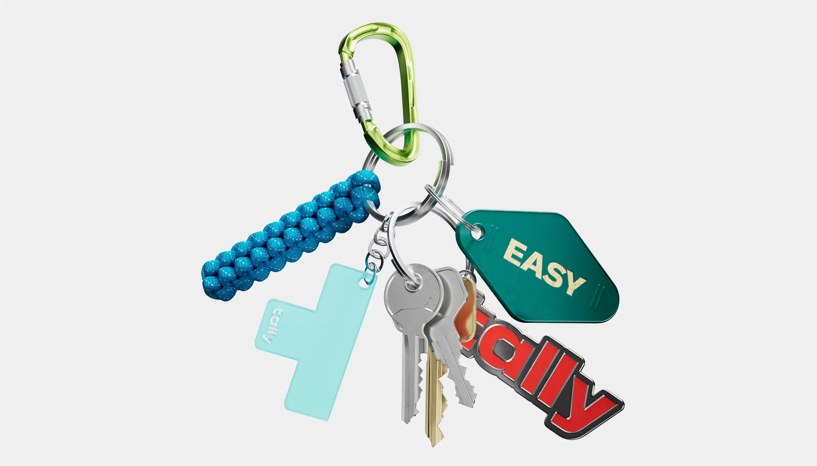 Tally-branded keychain with keys and an Easy tag