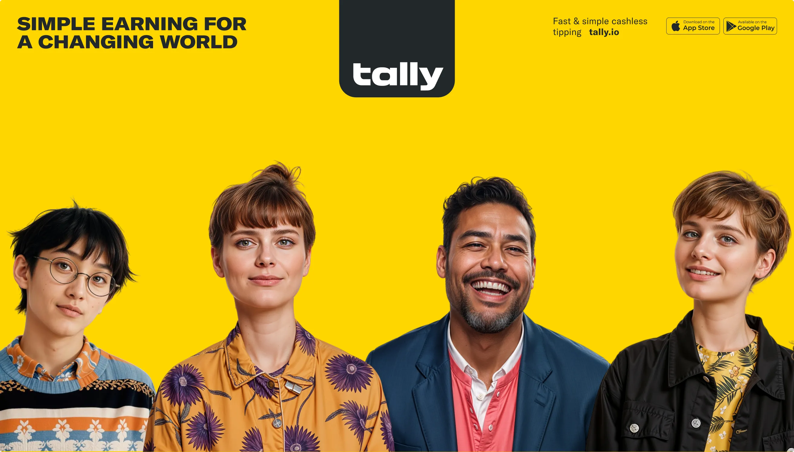 Yellow Tally social banner reading Simple earning for a changing world with four people
